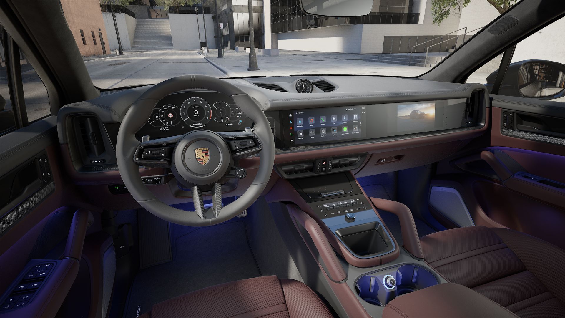 Interior view showing the steering wheel and dashboard of Cayenne GTS
