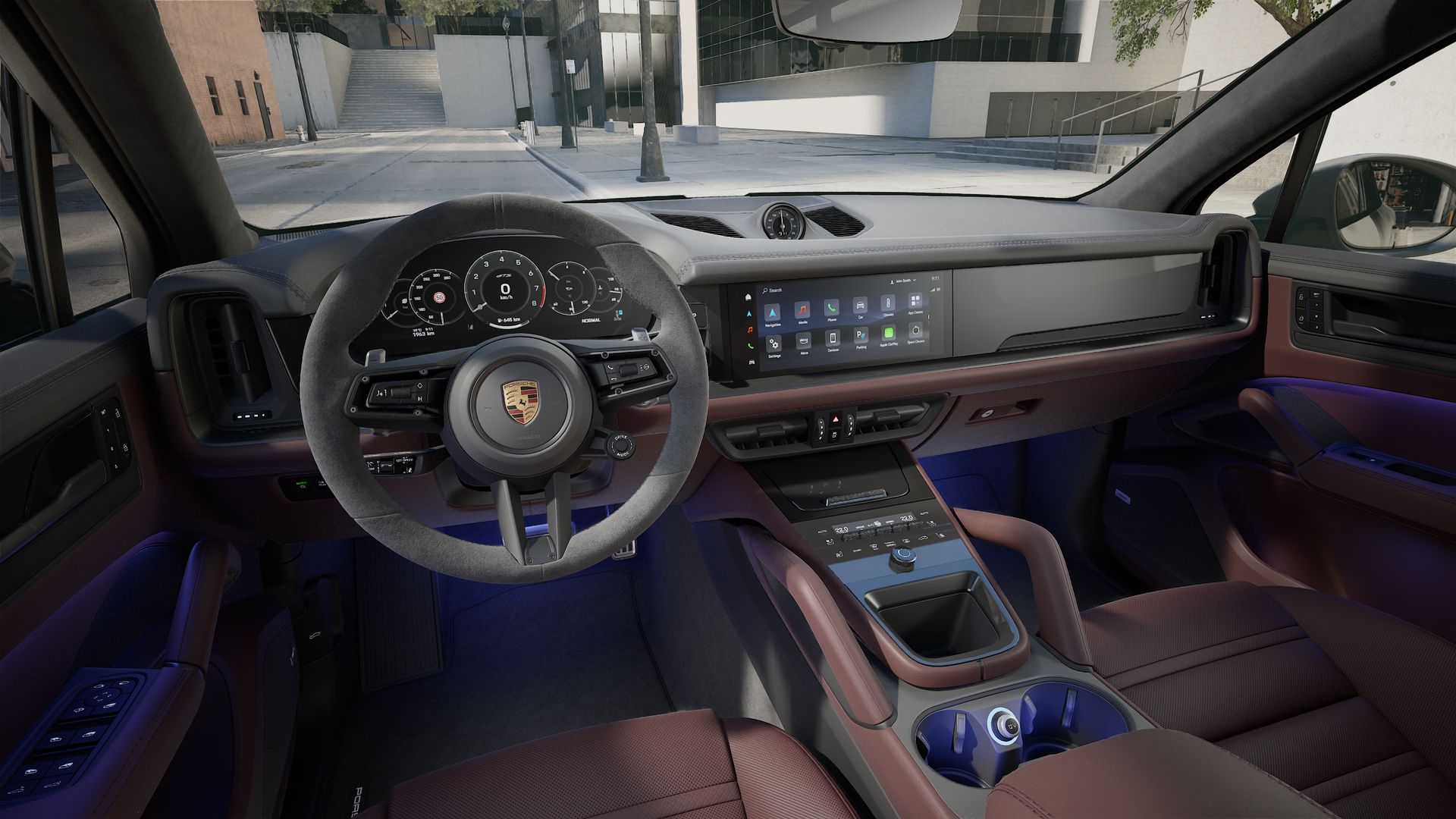 Interior view showing the steering wheel and dashboard of Cayenne GTS