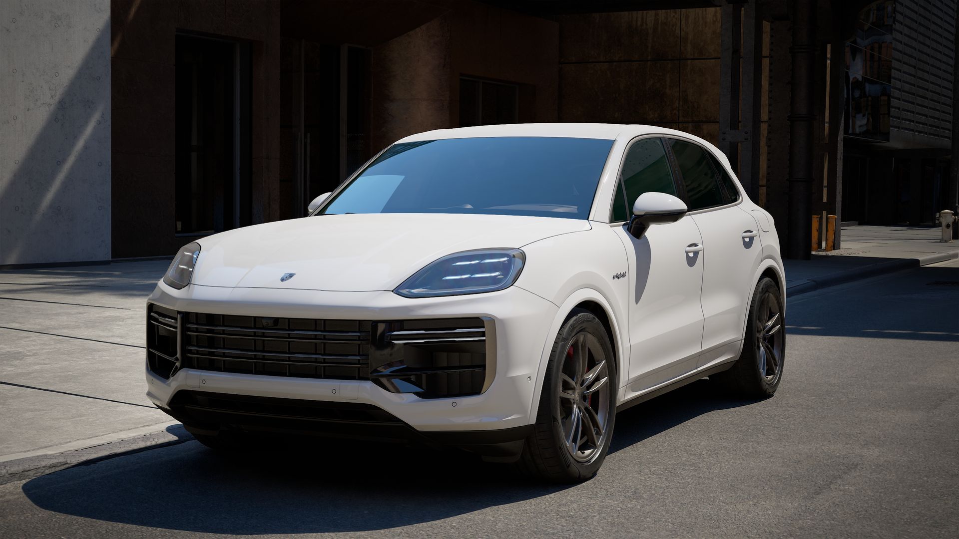 Exterior view of Cayenne Turbo E-Hybrid showing the front and left side of the car