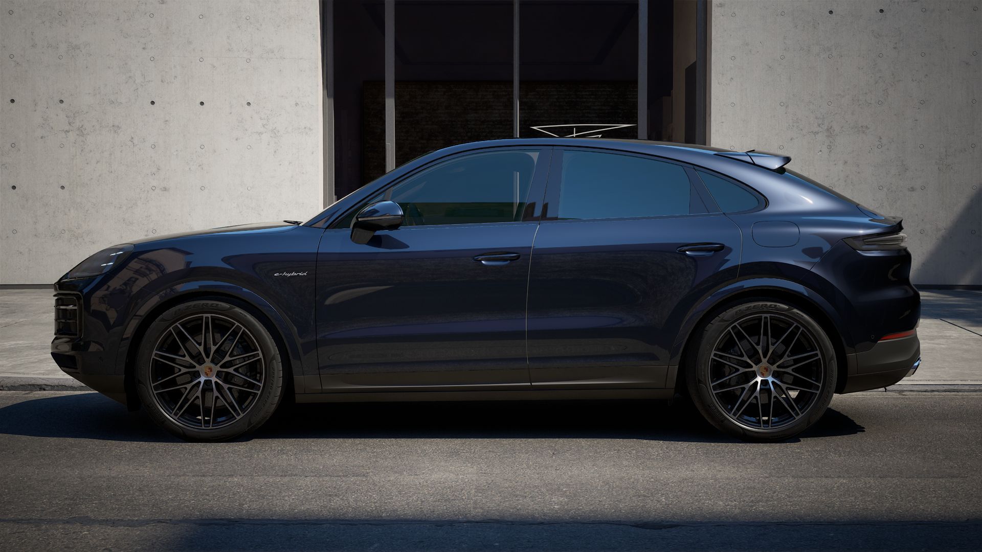 Exterior view of Cayenne E-Hybrid Coupe showing the left side of the car