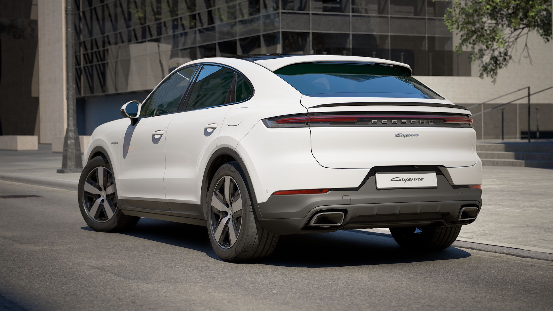 Exterior view of Cayenne E-Hybrid Coupe showing the back and left side of the car
