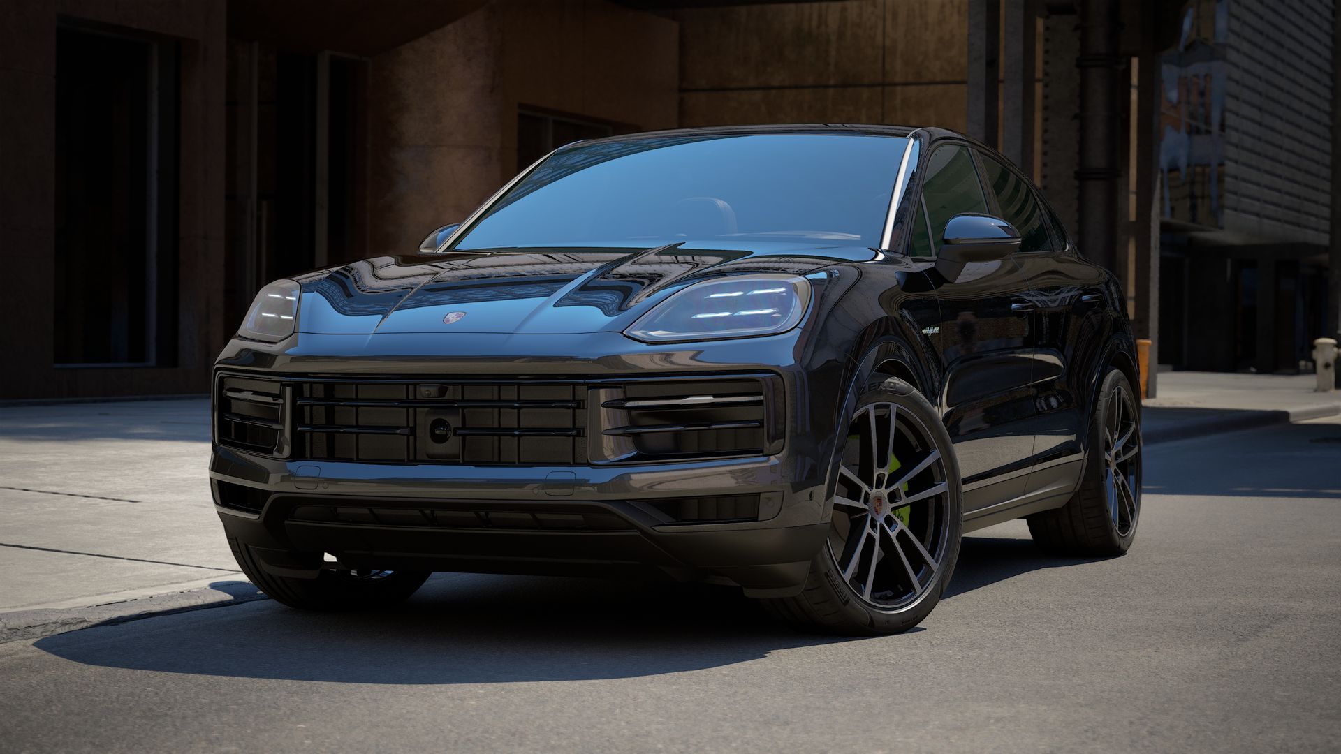Exterior view of Cayenne E-Hybrid Coupe showing the front and left side of the car