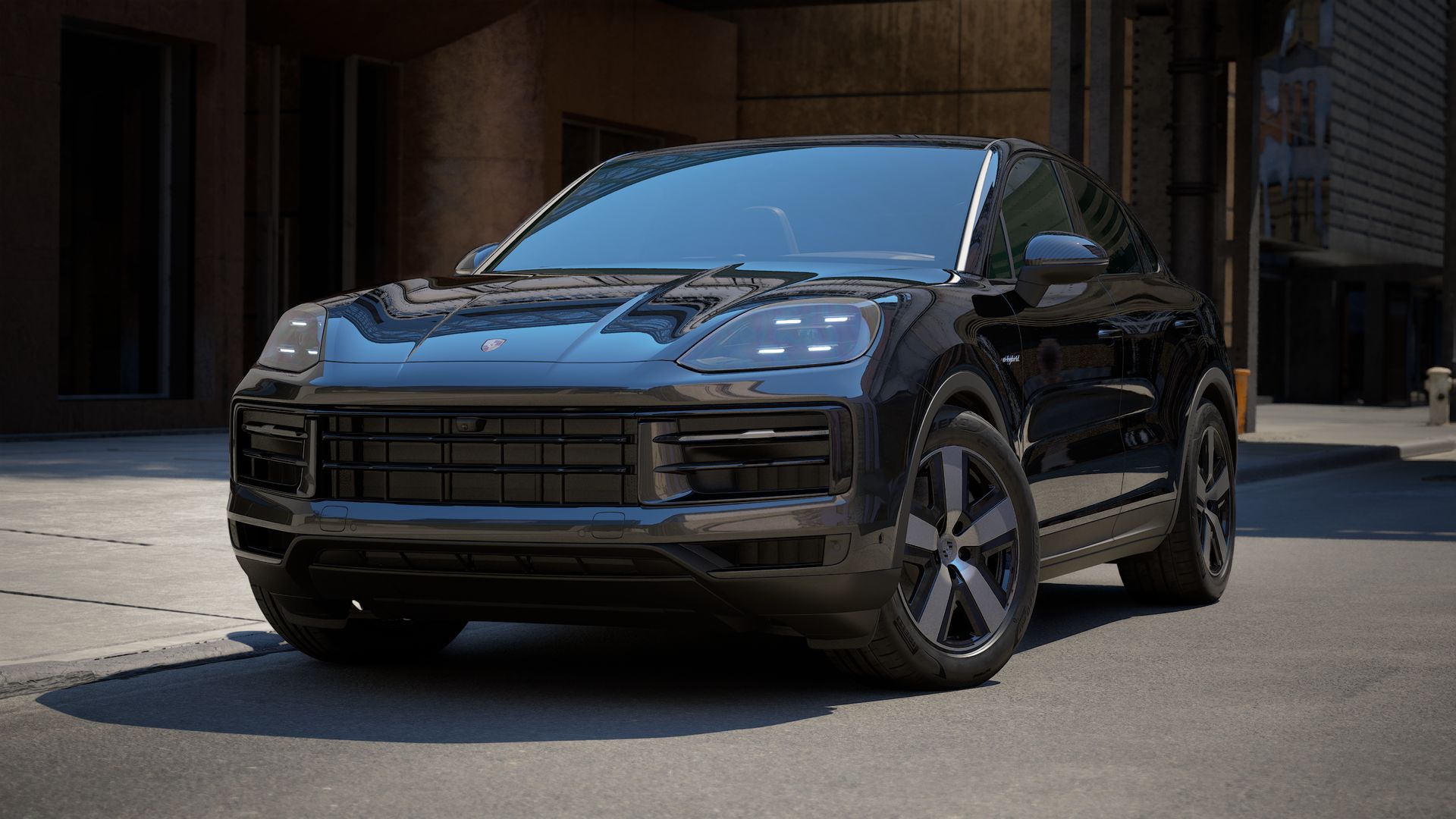 Exterior view of Cayenne E-Hybrid Coupe showing the front and left side of the car