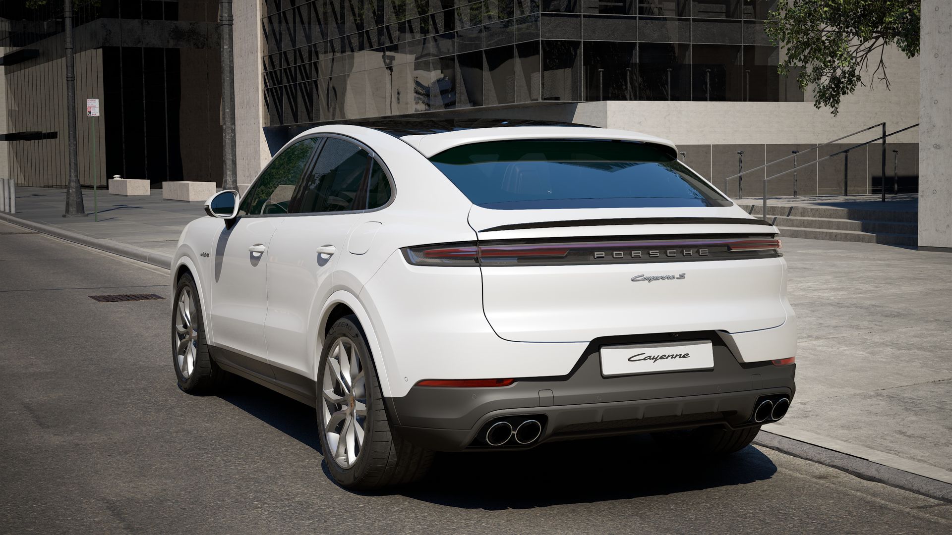 Exterior view of Cayenne S E-Hybrid Coupe showing the back and left side of the car