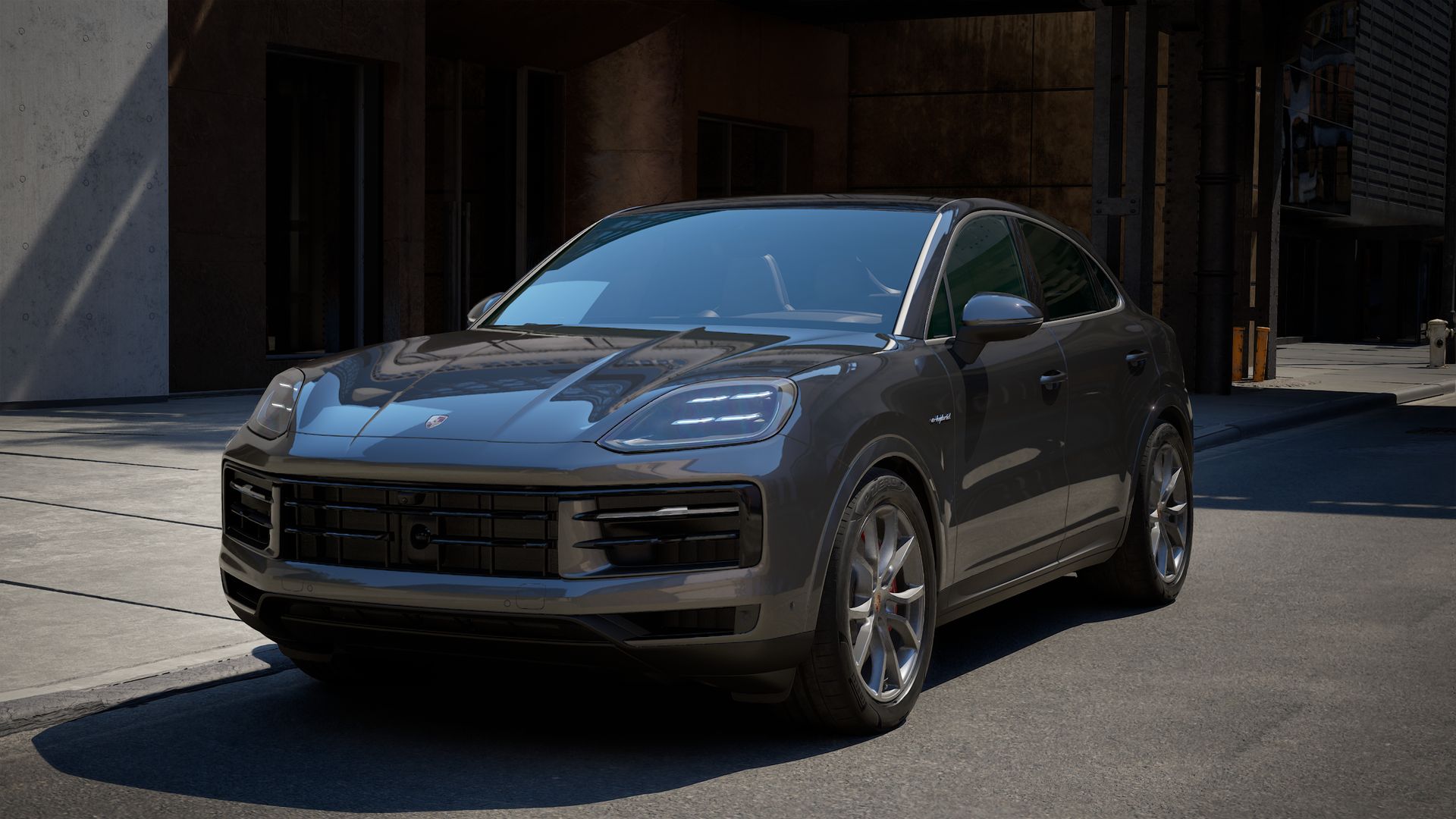 Exterior view of Cayenne S E-Hybrid Coupe showing the front and left side of the car