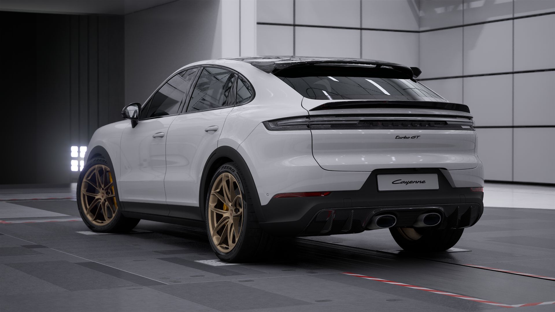 Exterior view of Cayenne Turbo GT showing the back and left side of the car