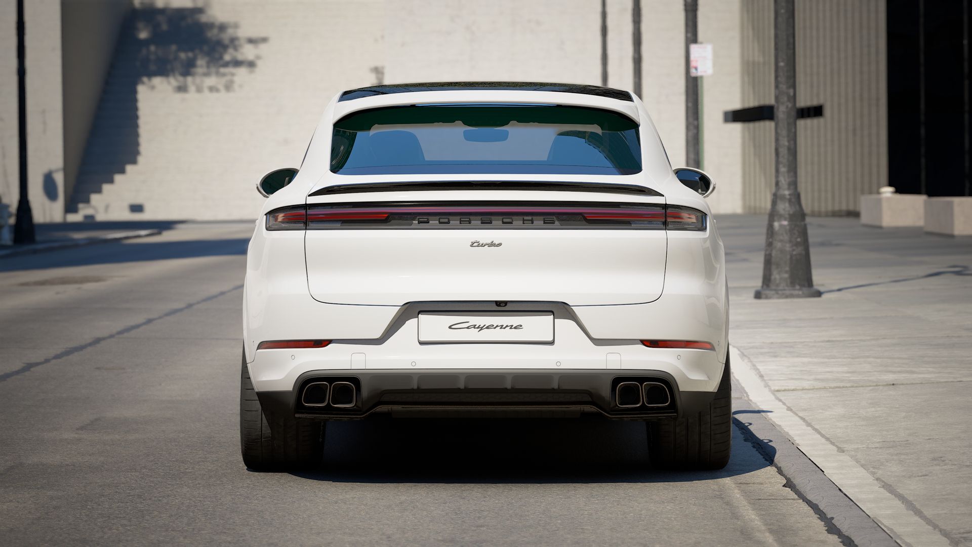 Exterior view of Cayenne Turbo E-Hybrid Coupe showing the rear of the car