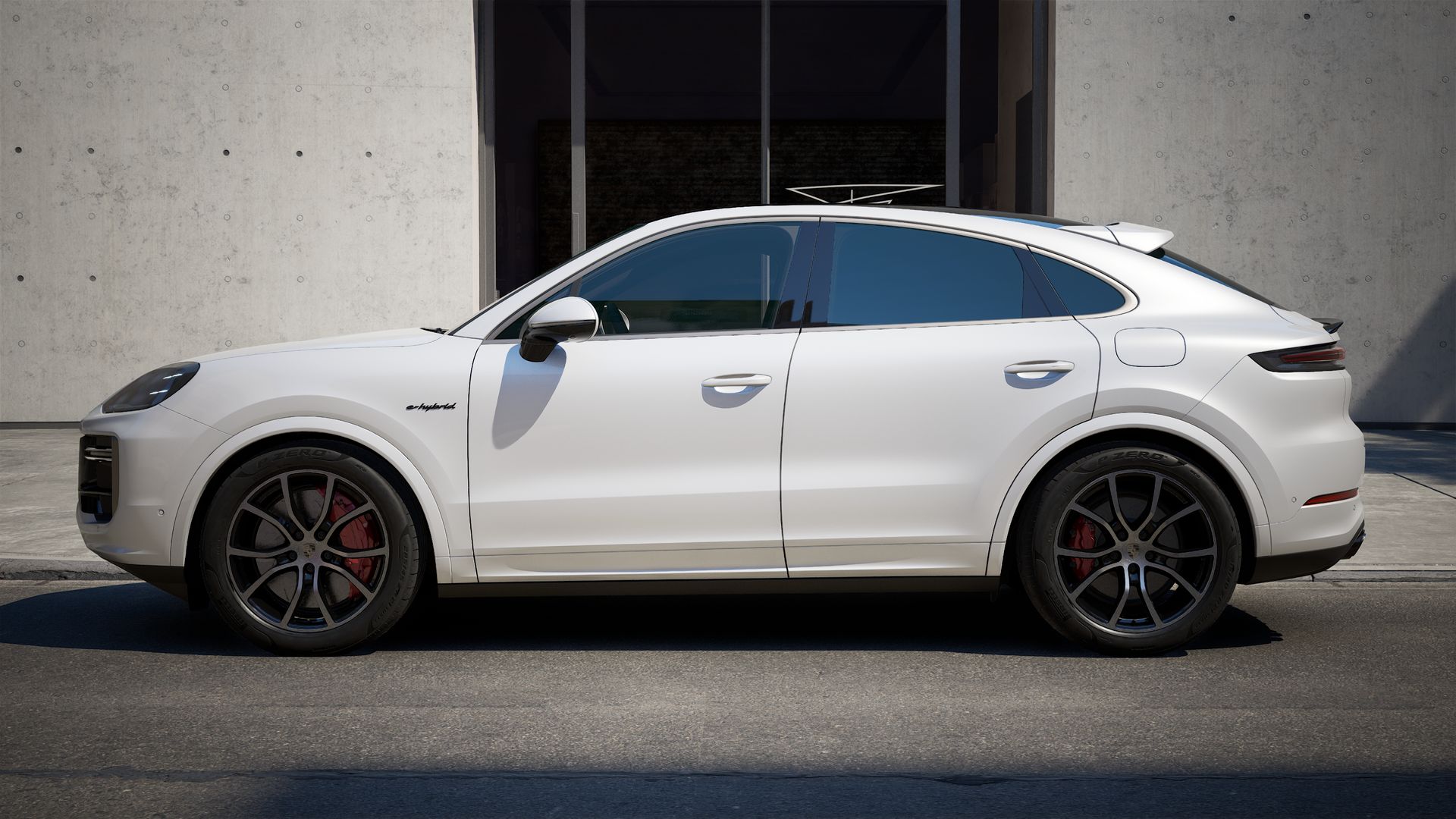 Exterior view of Cayenne Turbo E-Hybrid Coupe showing the left side of the car