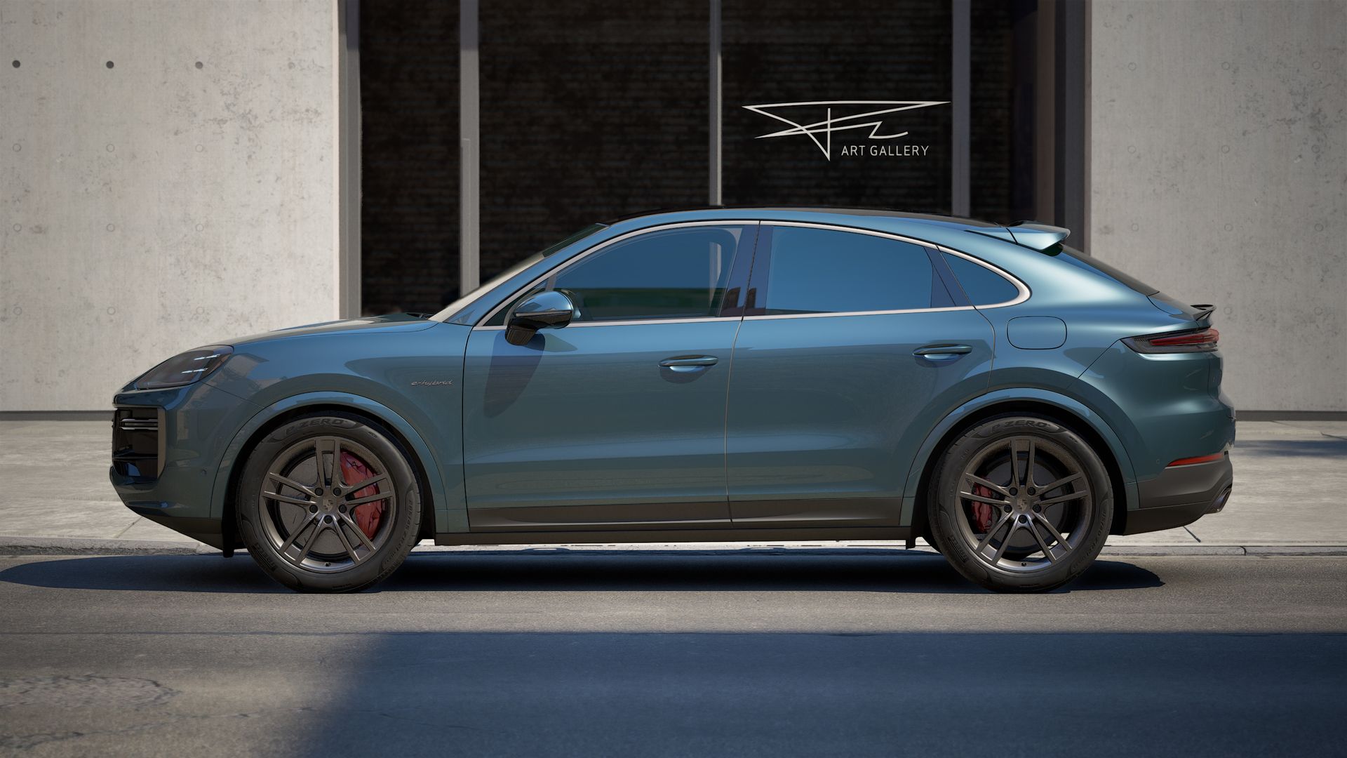 Exterior view of Cayenne Turbo E-Hybrid Coupe showing the left side of the car
