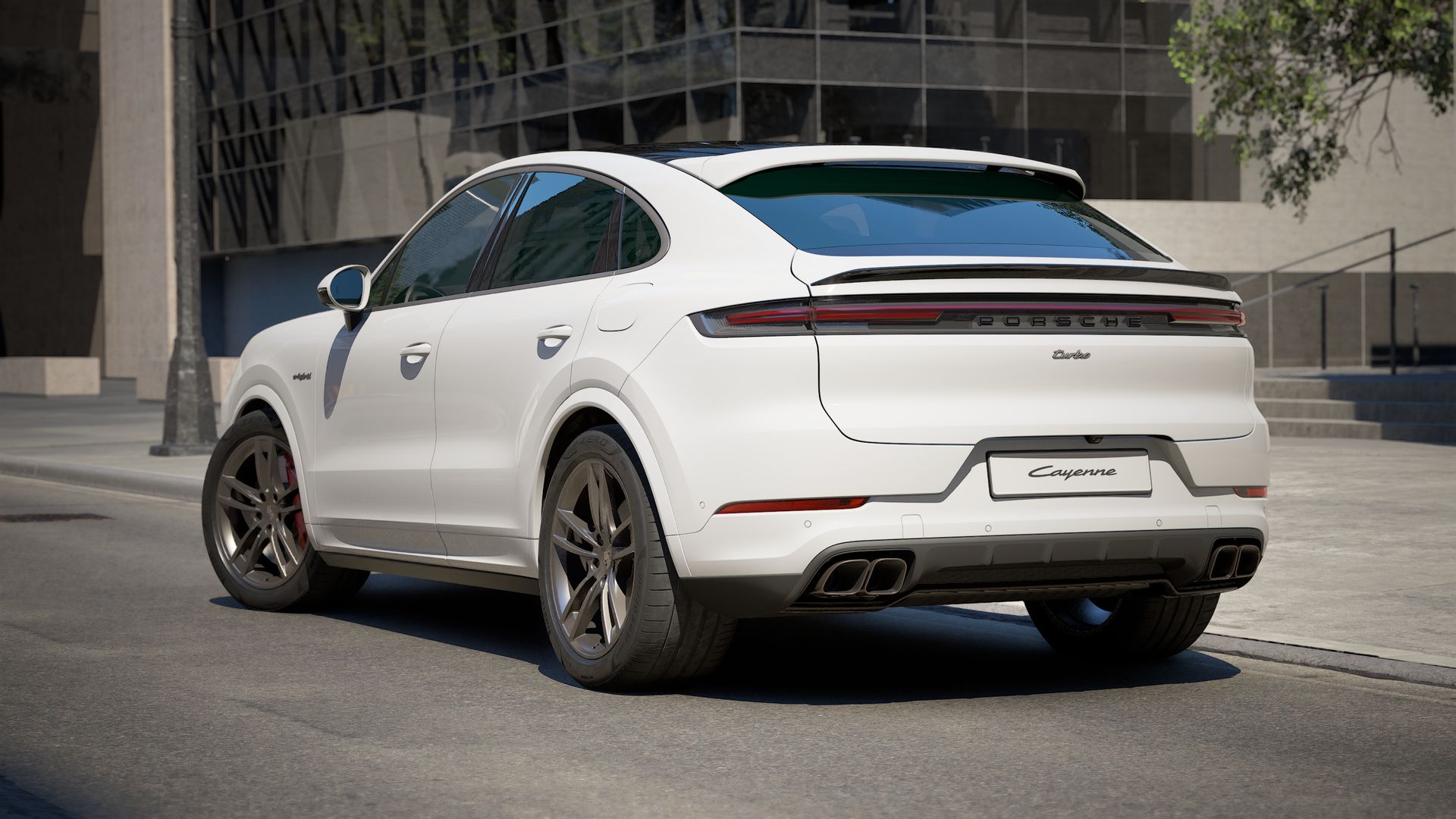 Exterior view of Cayenne Turbo E-Hybrid Coupe showing the back and left side of the car