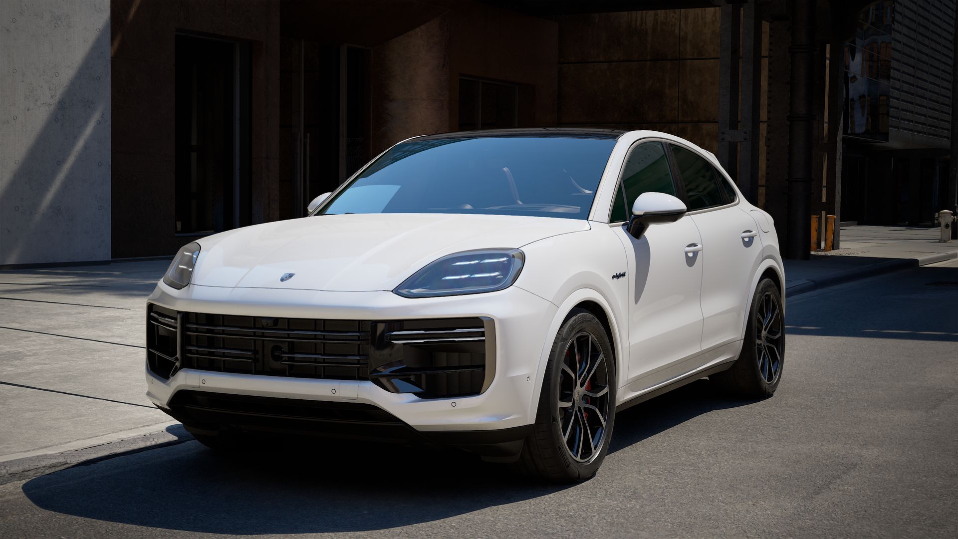 Exterior view of Cayenne Turbo E-Hybrid Coupe showing the front and left side of the car