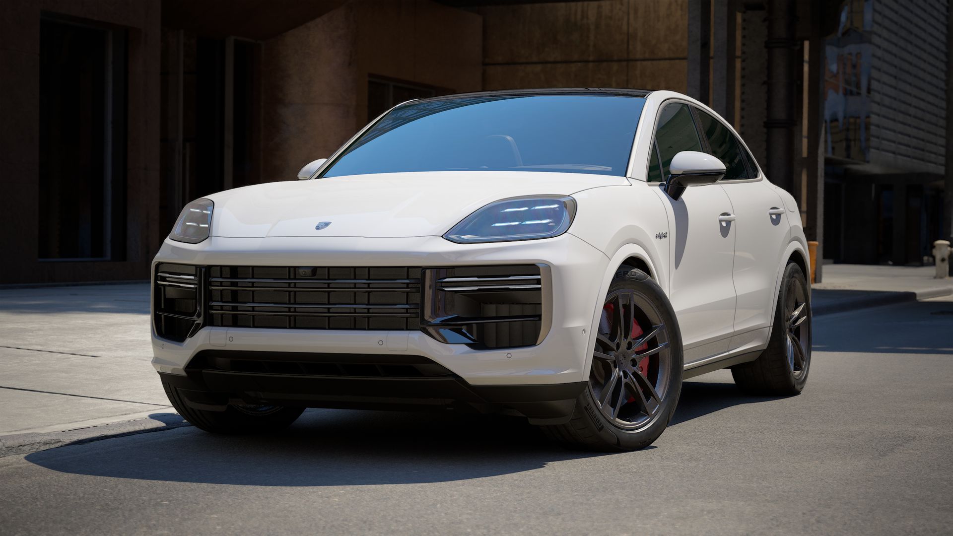 Exterior view of Cayenne Turbo E-Hybrid Coupe showing the front and left side of the car