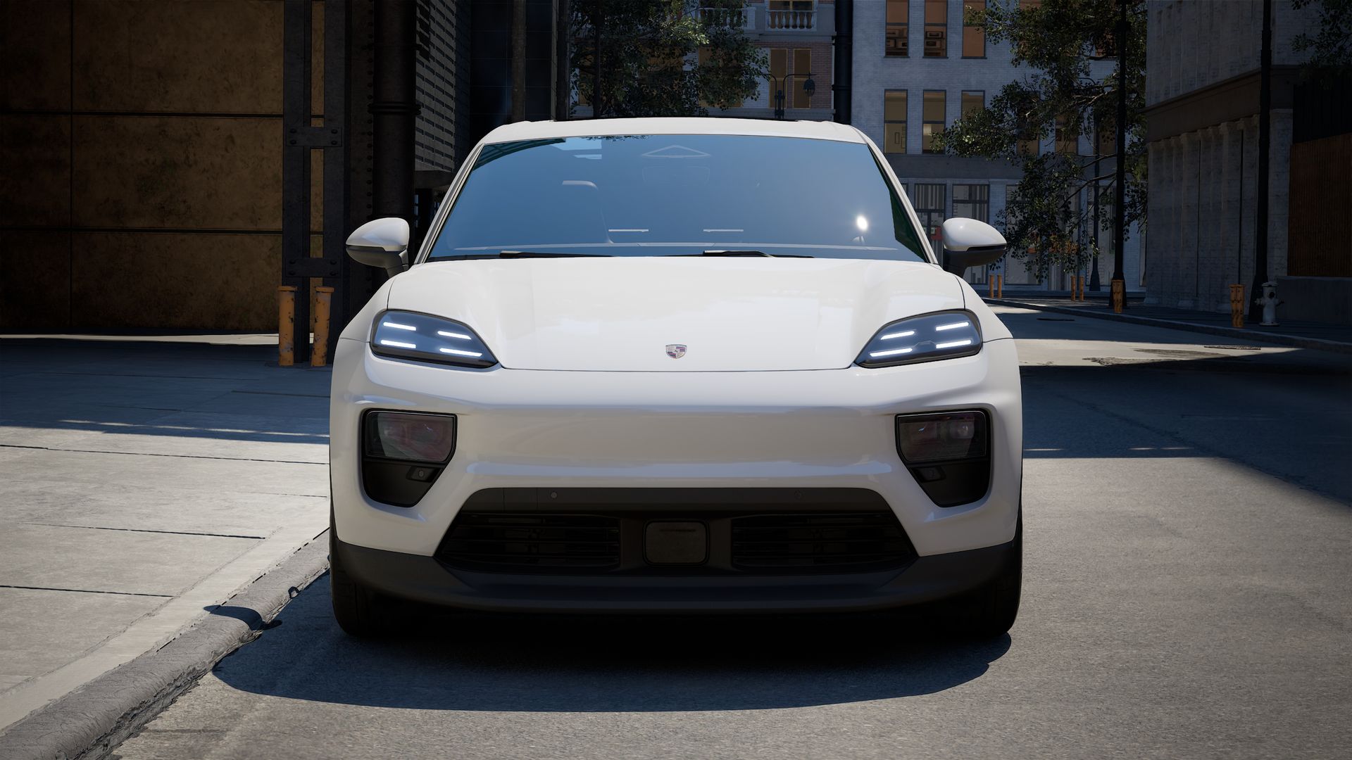 Exterior view of Macan Electric showing the front of the car