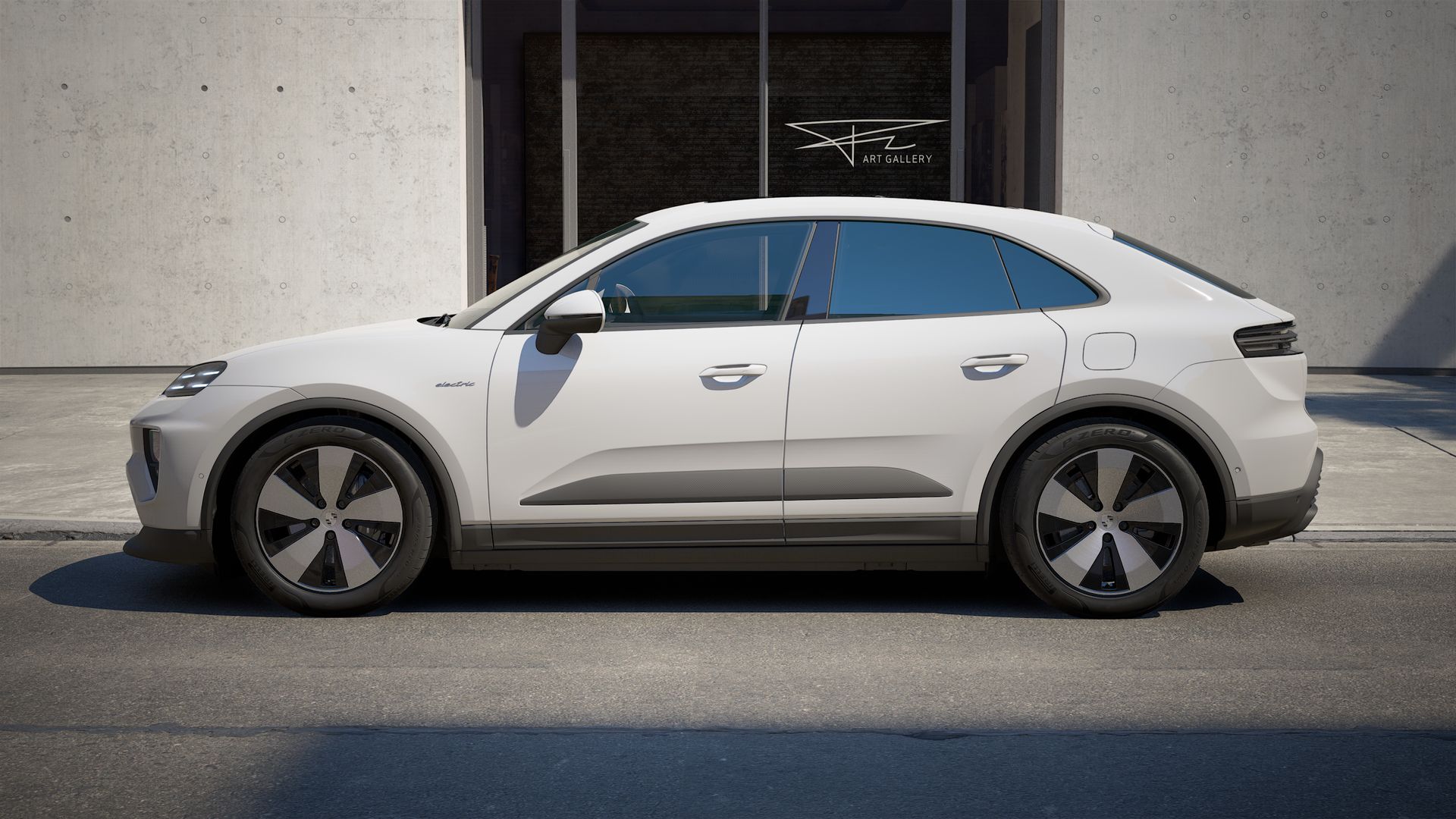 Exterior view of Macan Electric showing the left side of the car