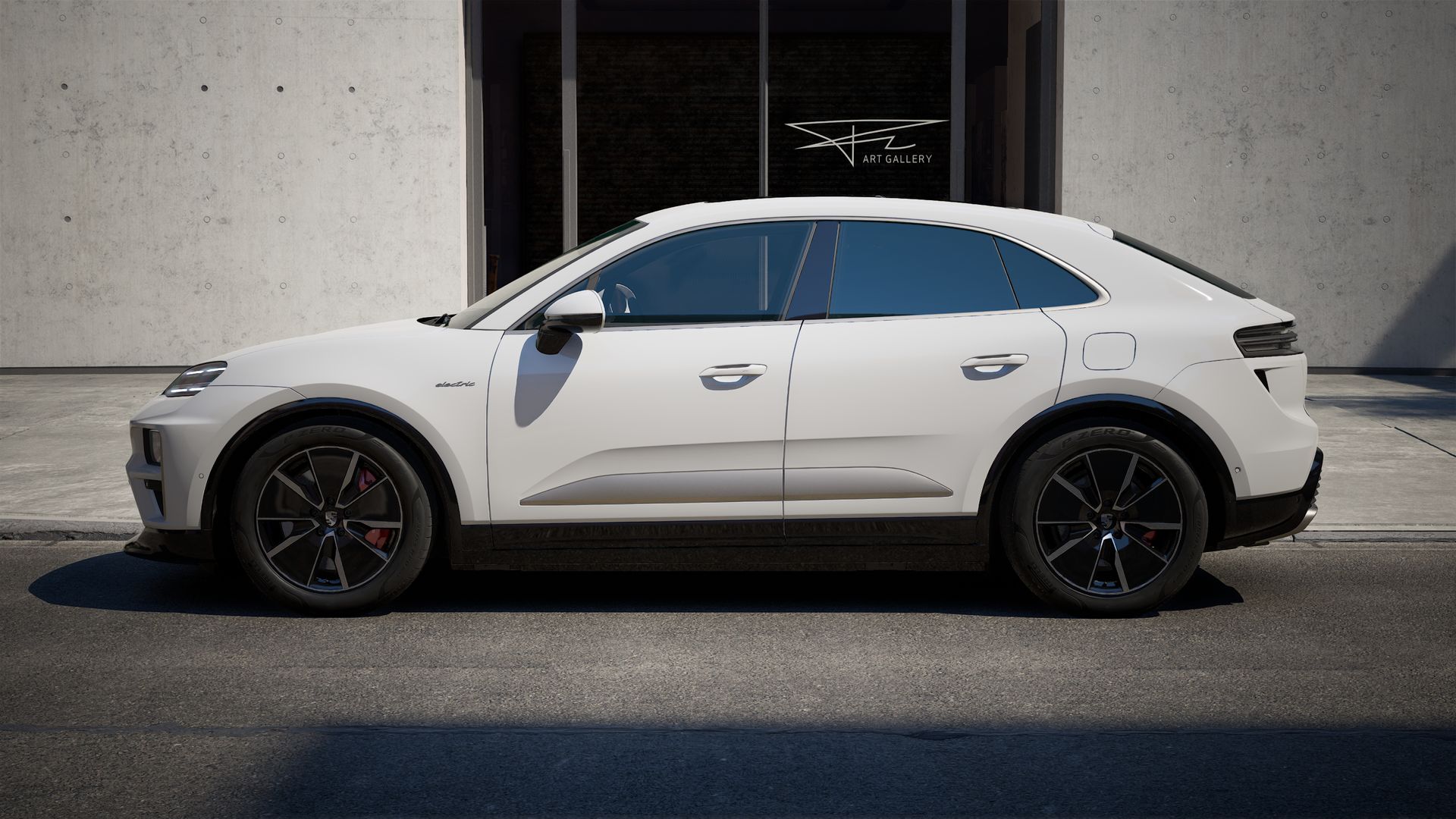 Exterior view of Macan Turbo Electric showing the left side of the car