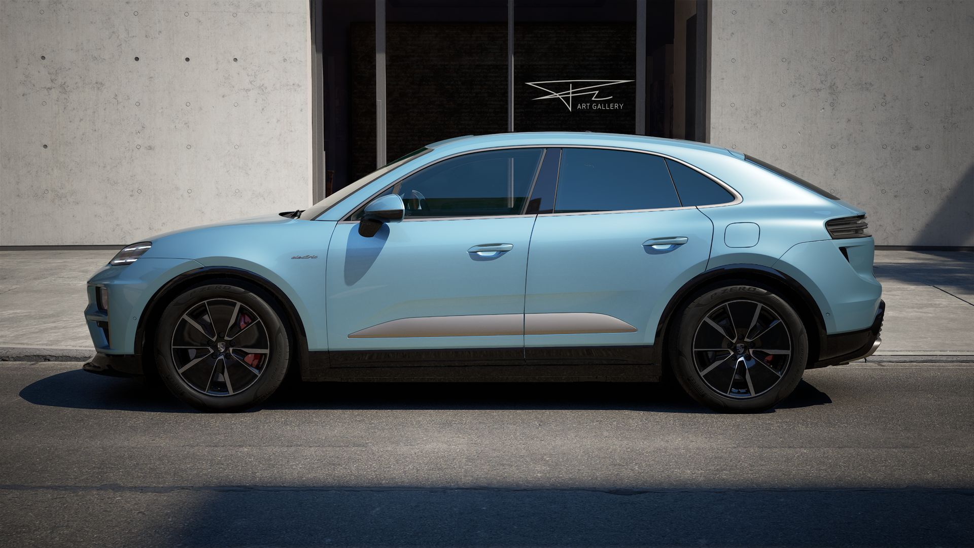 Exterior view of Macan Turbo Electric showing the left side of the car
