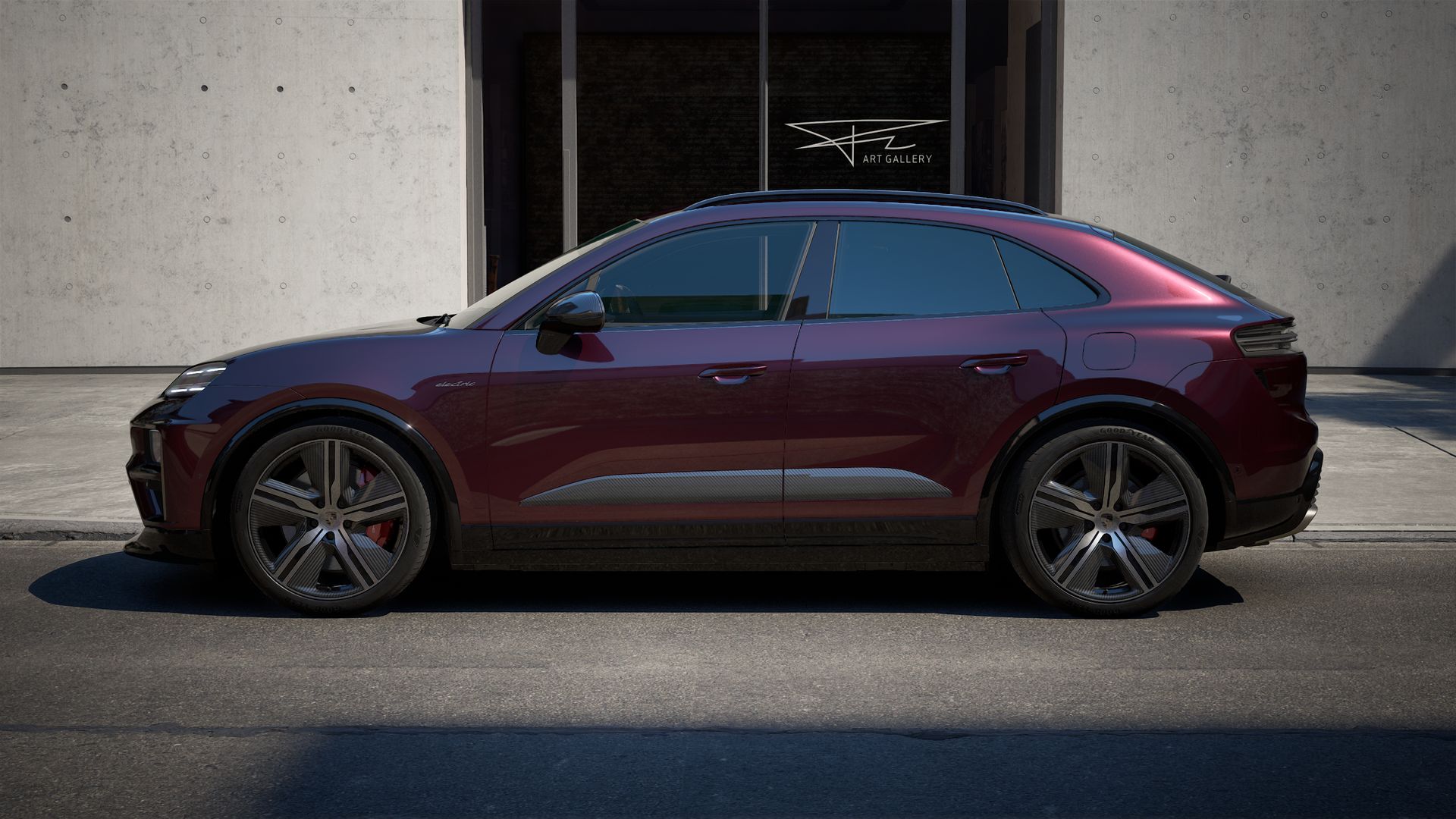 Exterior view of Macan Turbo Electric showing the left side of the car