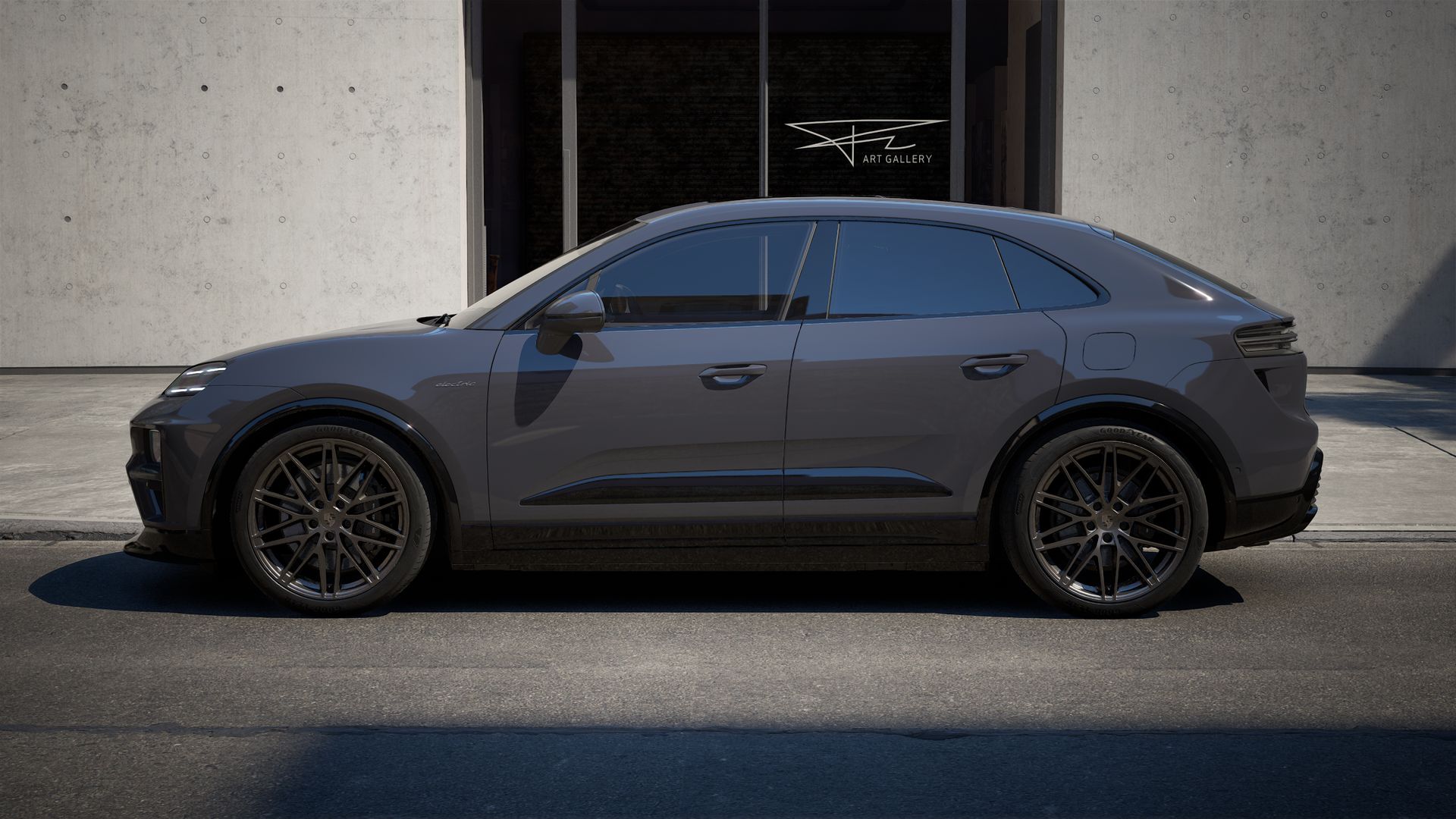Exterior view of Macan Turbo Electric showing the left side of the car