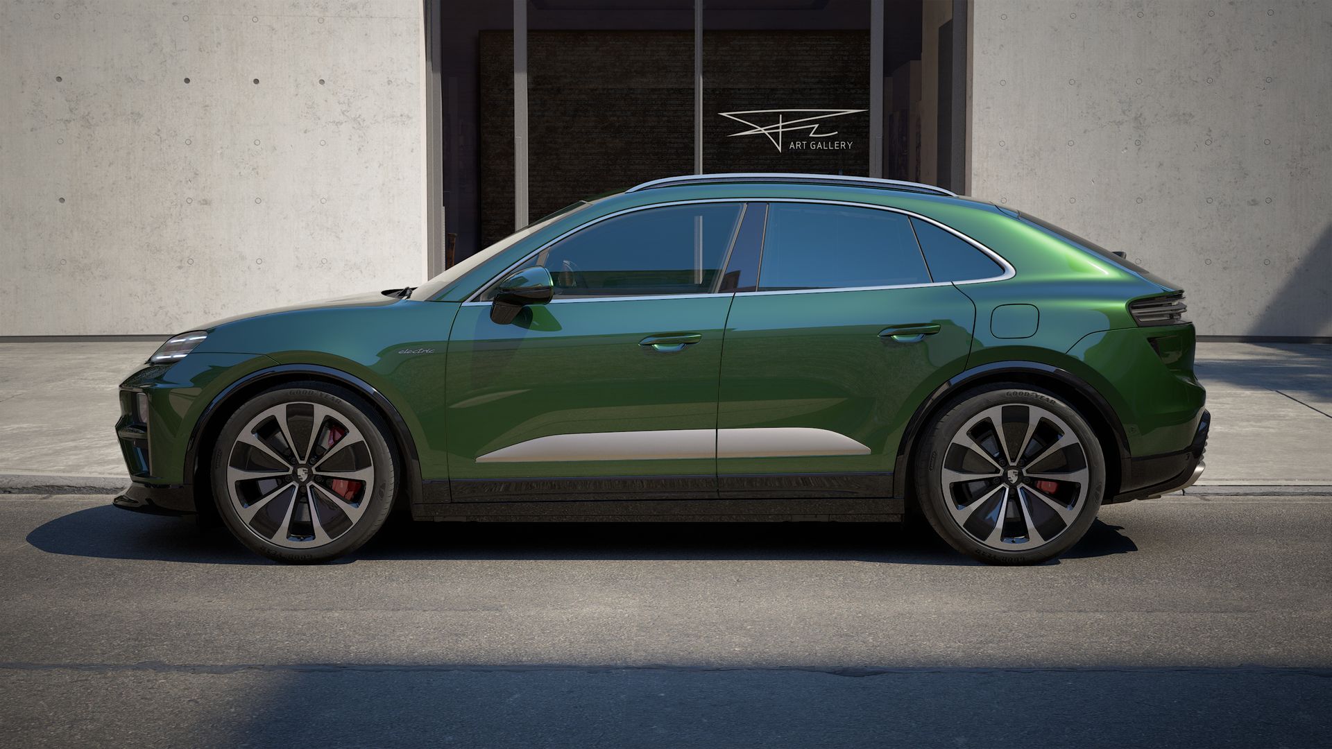 Exterior view of Macan Turbo Electric showing the left side of the car