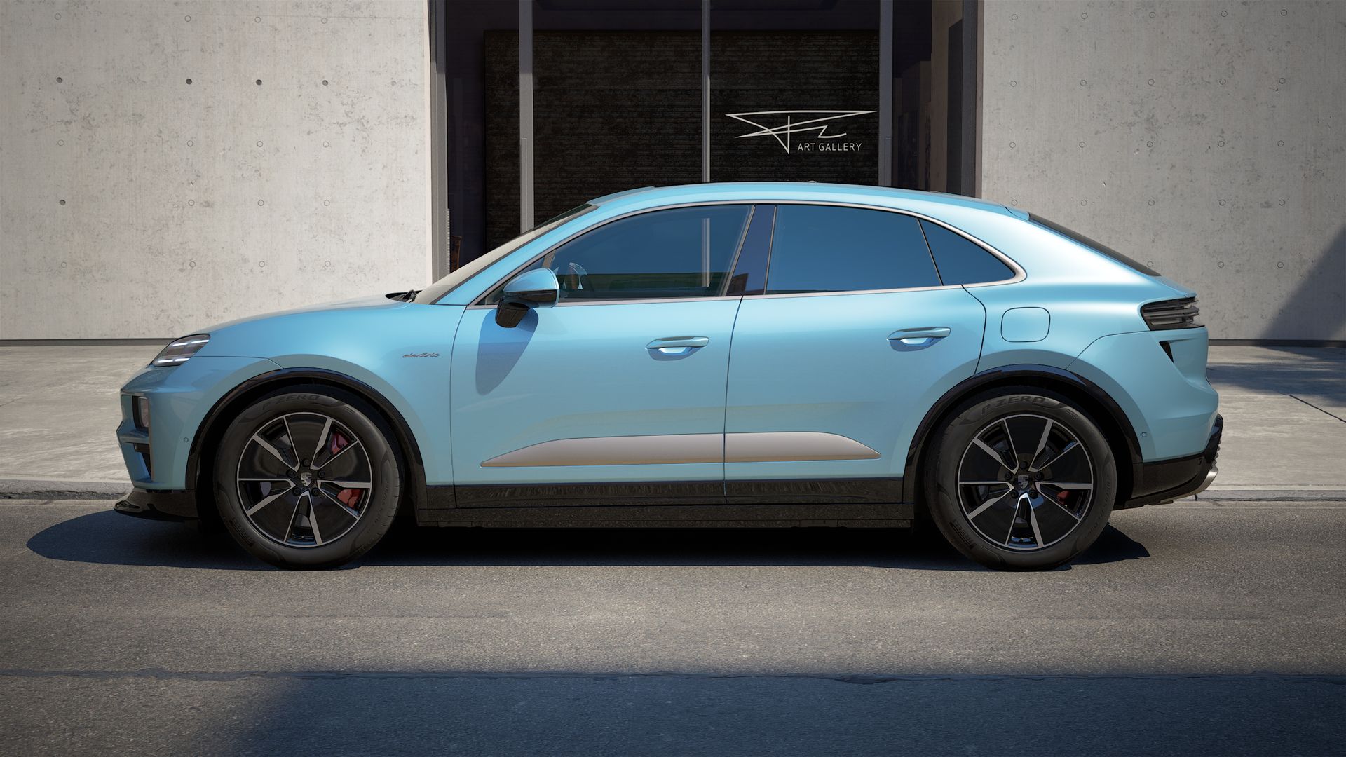 Exterior view of Macan Turbo Electric showing the left side of the car