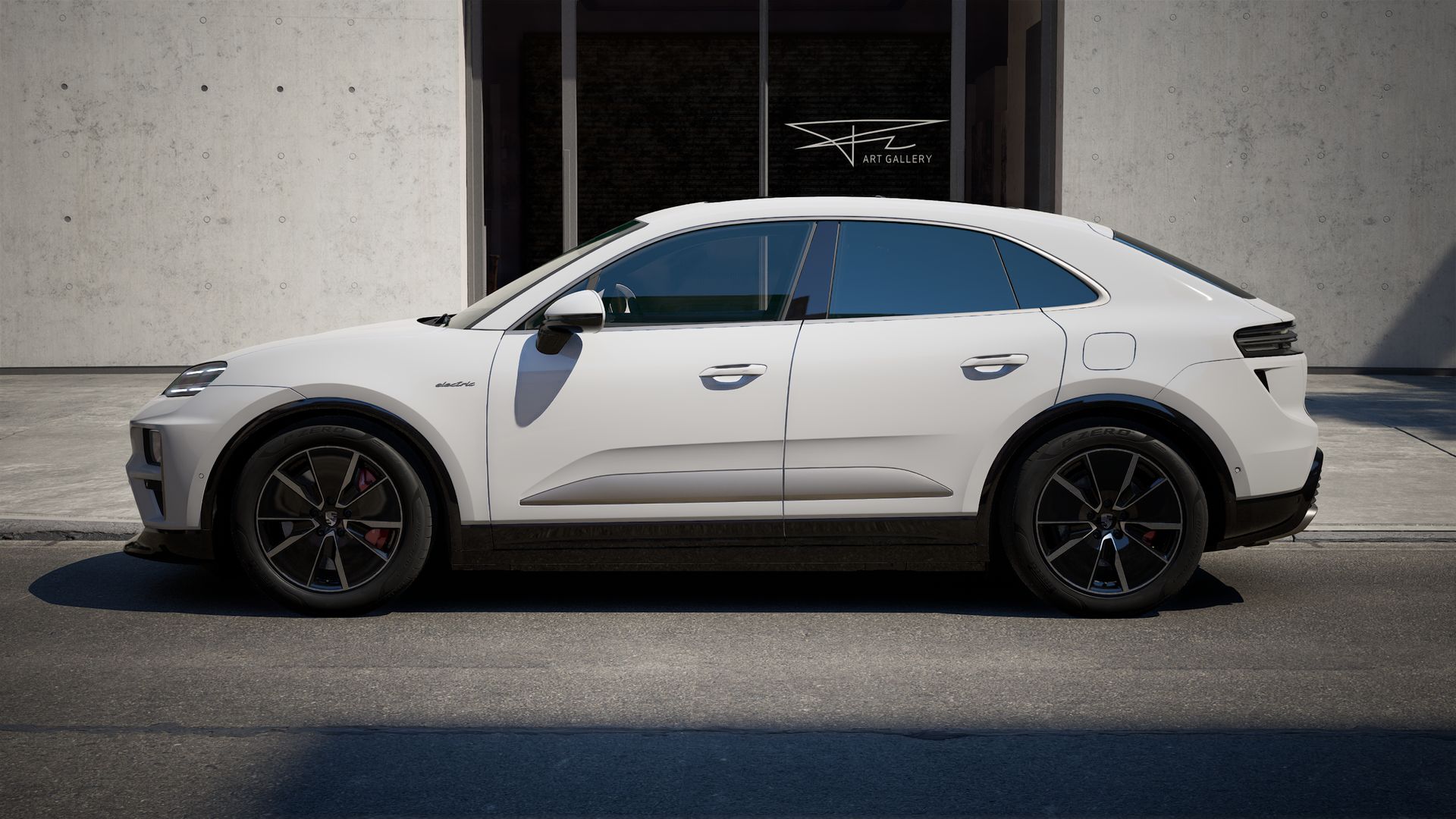 Exterior view of Macan Turbo Electric showing the left side of the car