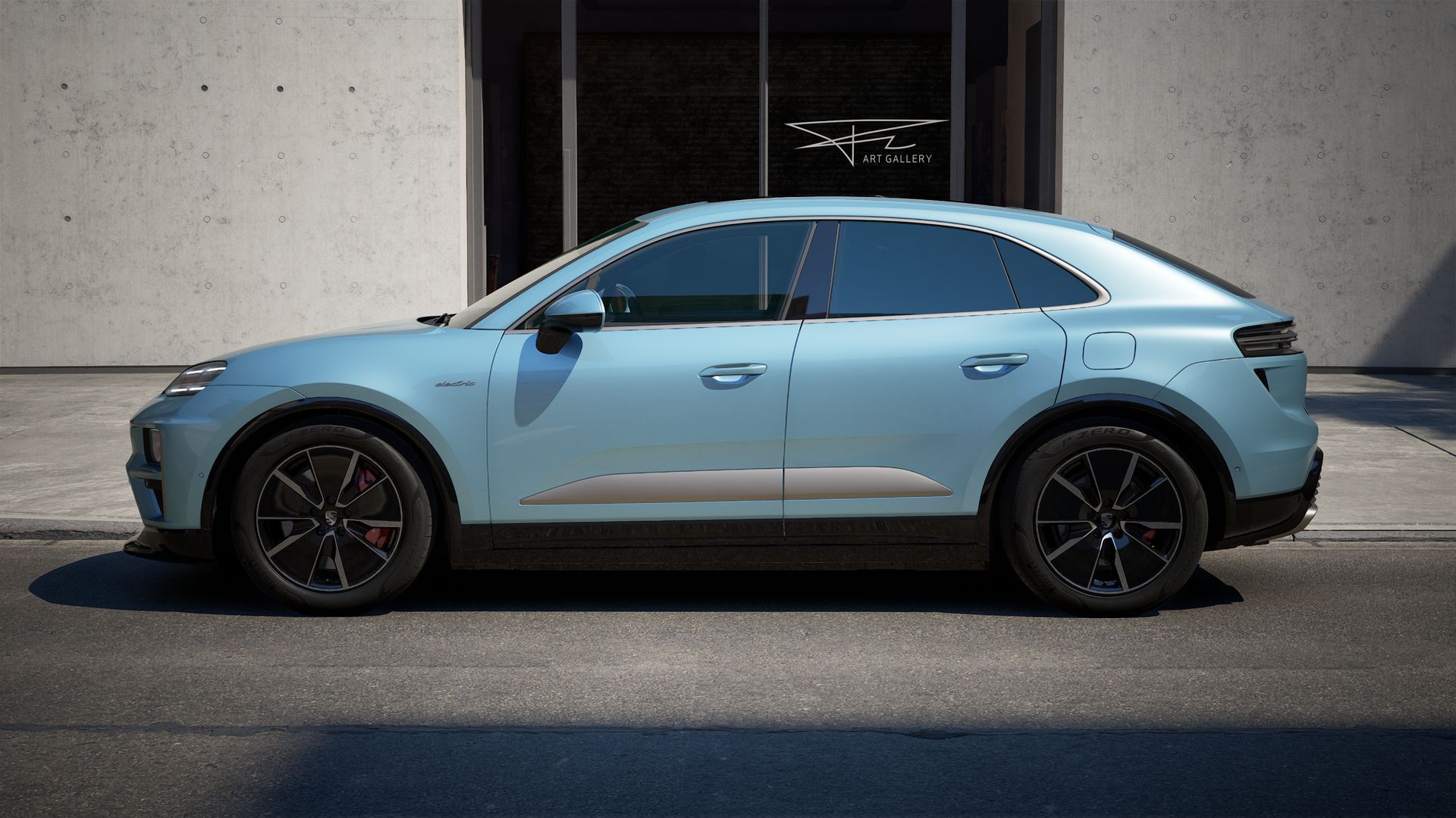 Exterior view of Macan Turbo Electric showing the left side of the car