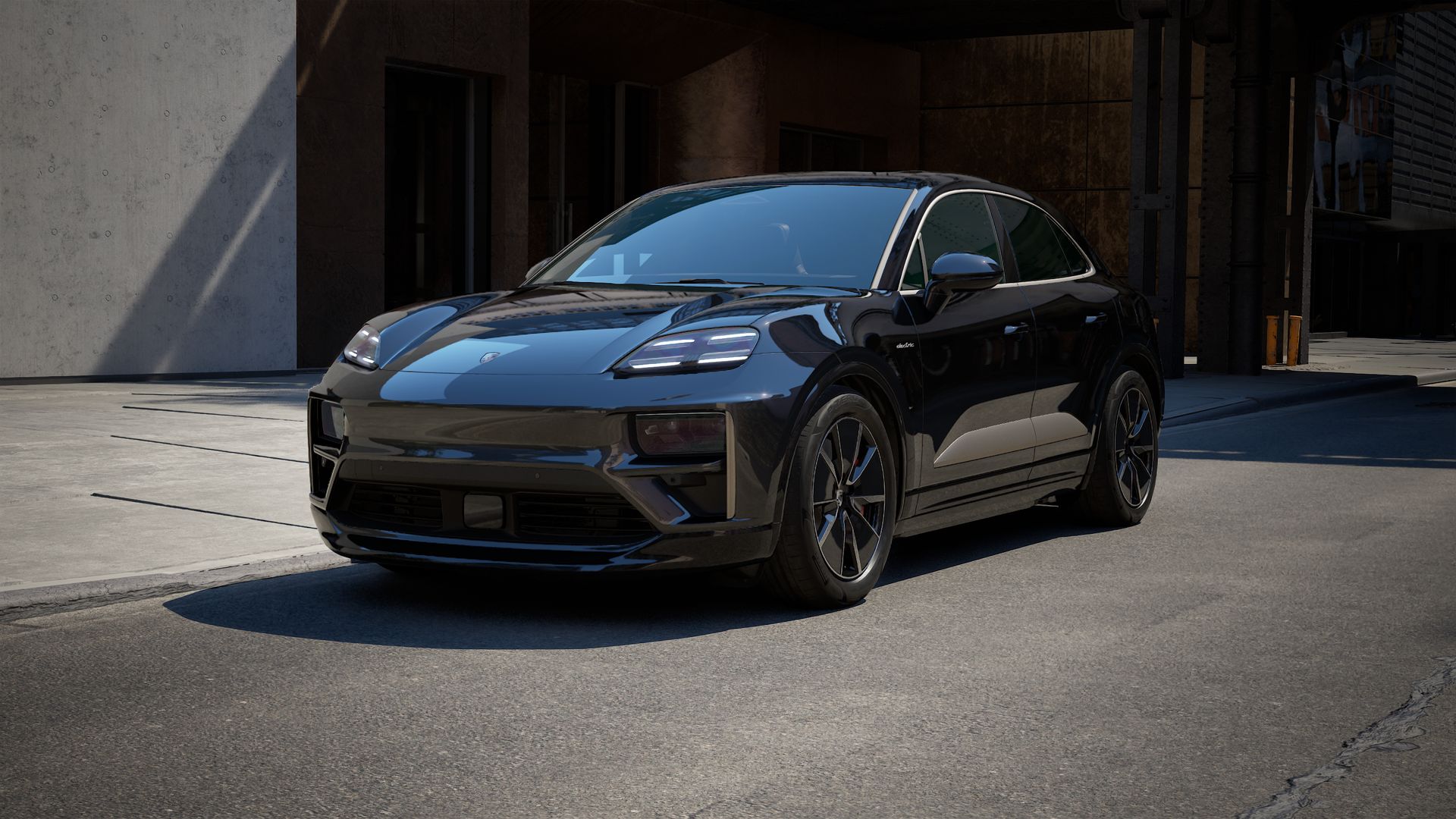 Exterior view of Macan Turbo Electric showing the front and left side of the car