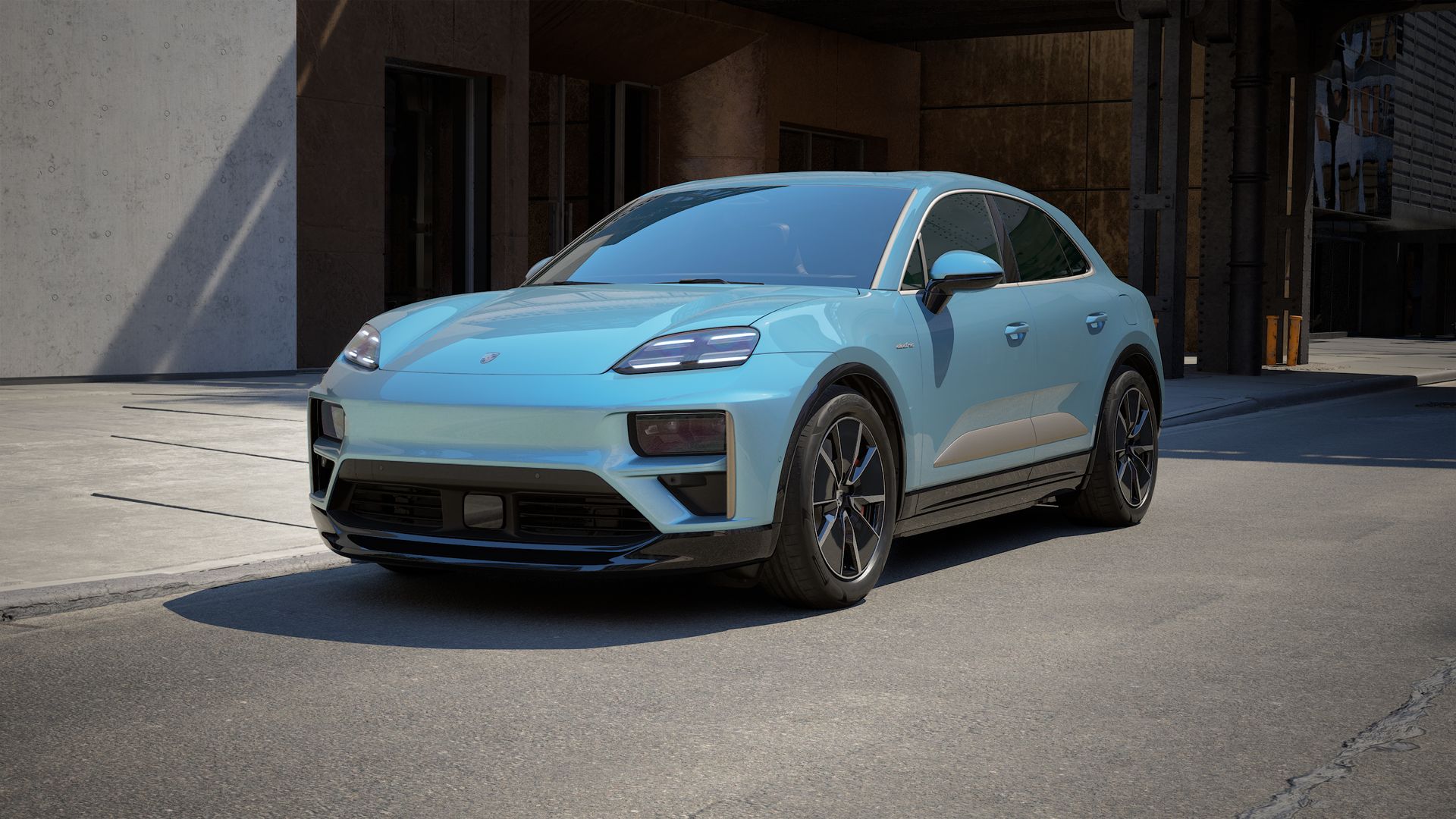 Exterior view of Macan Turbo Electric showing the front and left side of the car