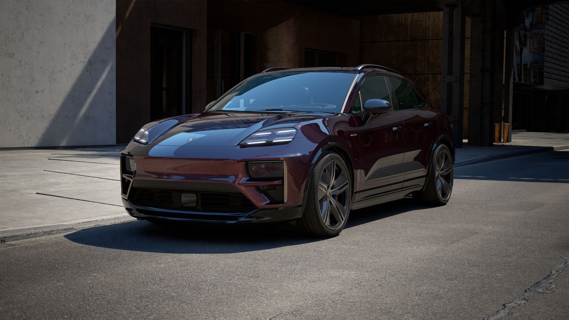 Exterior view of Macan Turbo Electric showing the front and left side of the car
