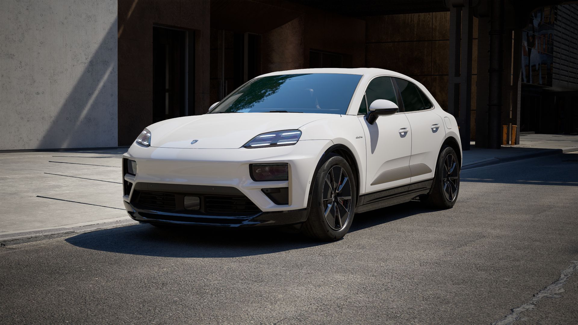 Exterior view of Macan Turbo Electric showing the front and left side of the car
