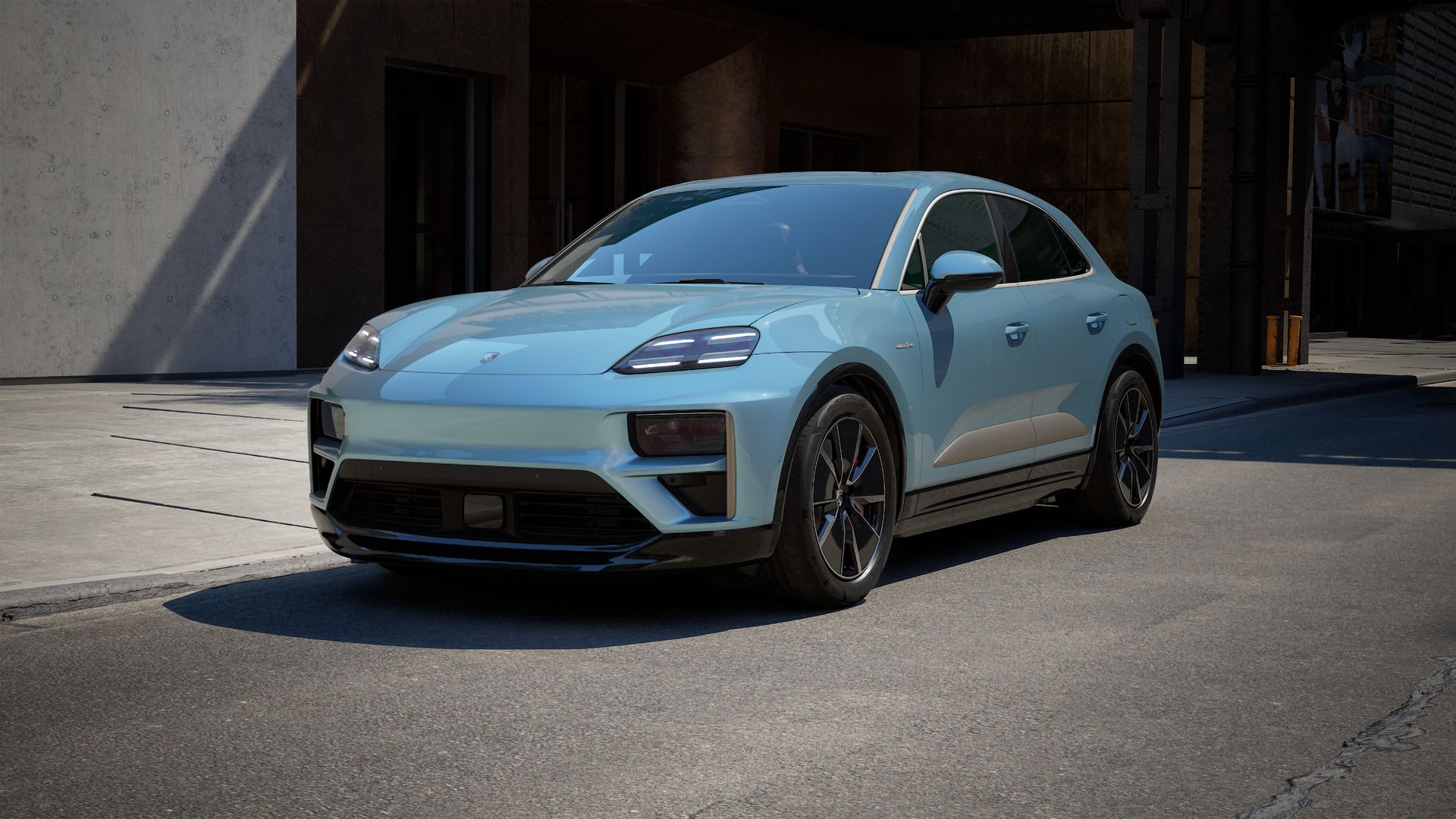 Exterior view of Macan Turbo Electric showing the front and left side of the car