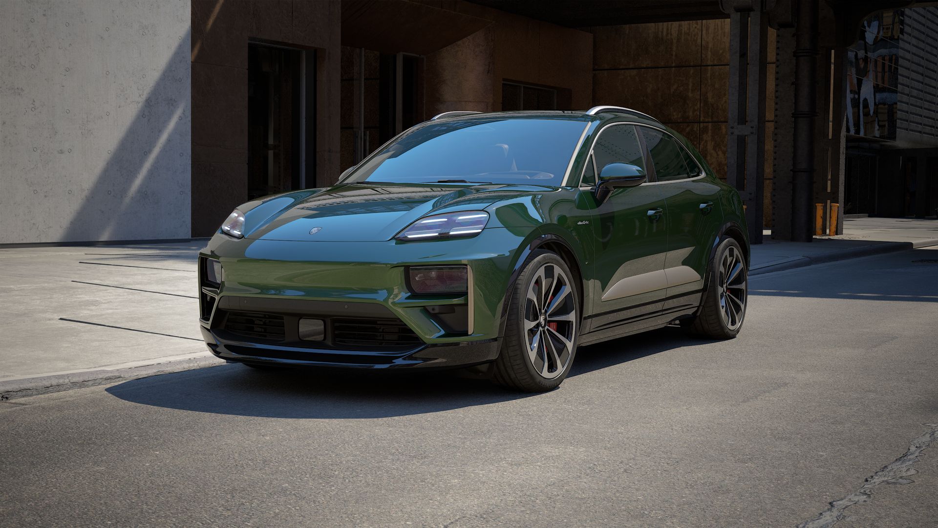 Exterior view of Macan Turbo Electric showing the front and left side of the car
