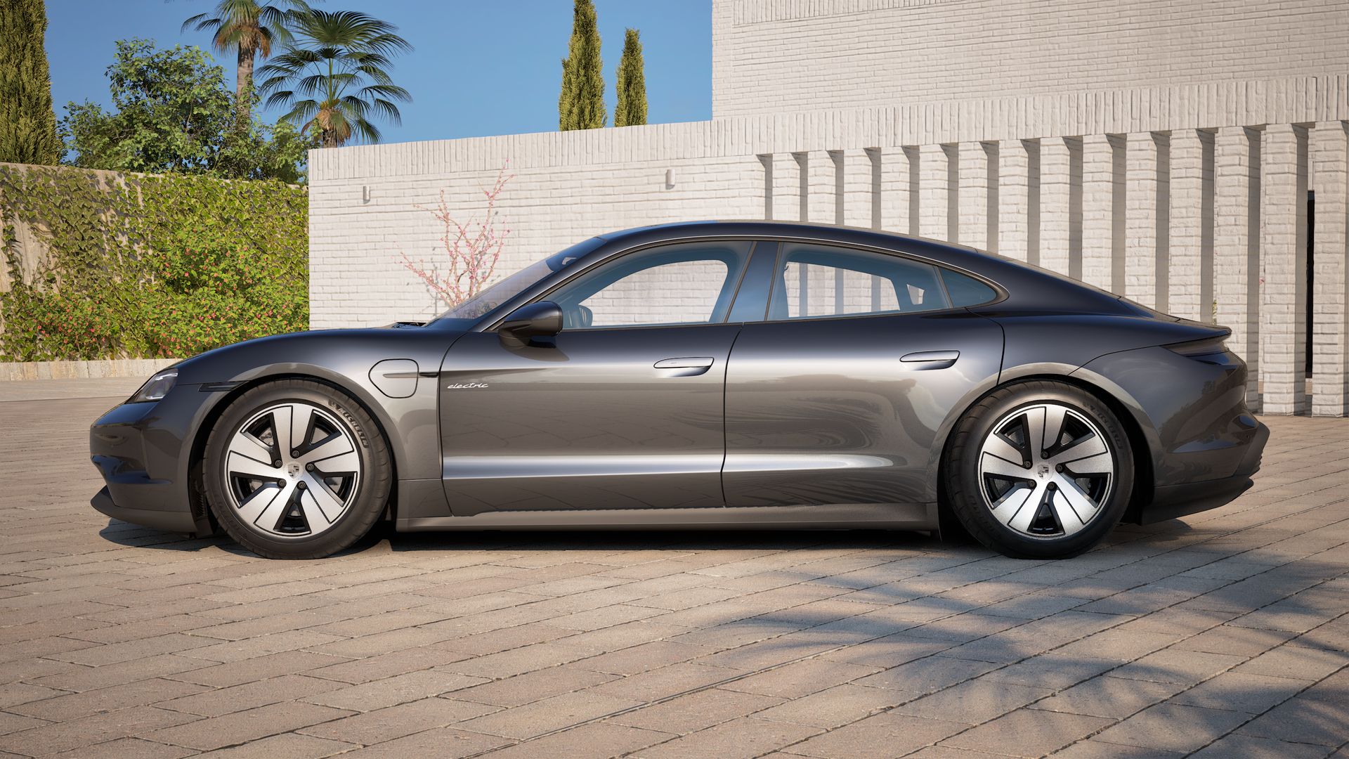 Exterior view of Taycan showing the left side of the car