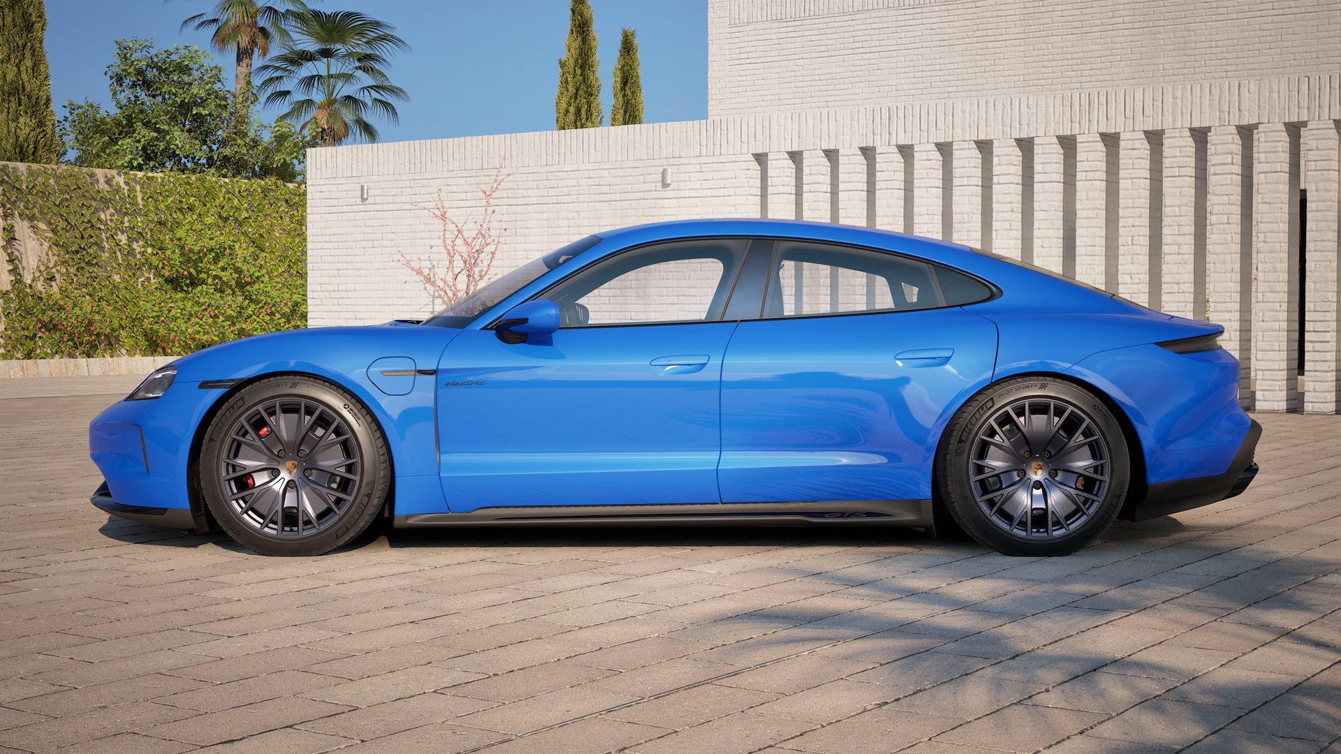 Exterior view of Taycan GTS showing the left side of the car