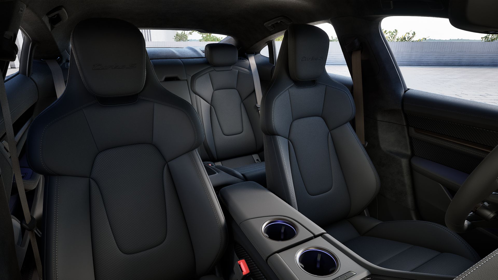 Interior view showing the front seats of Taycan Turbo S
