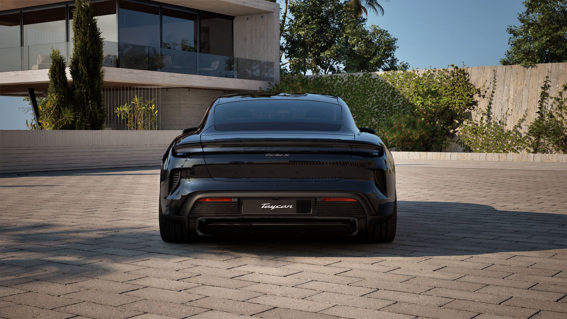 Exterior view of Taycan Turbo S showing the rear of the car