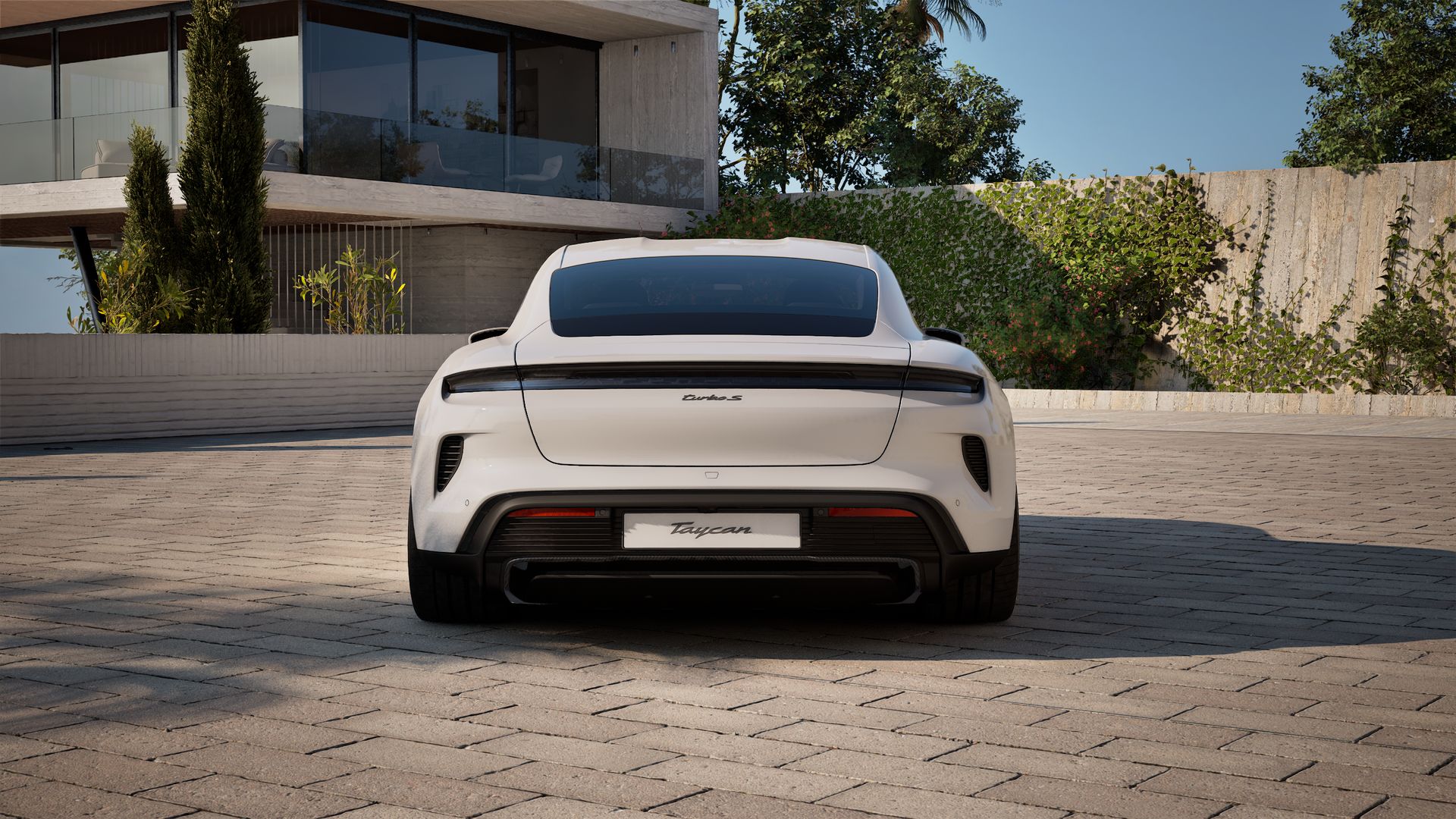 Exterior view of Taycan Turbo S showing the rear of the car