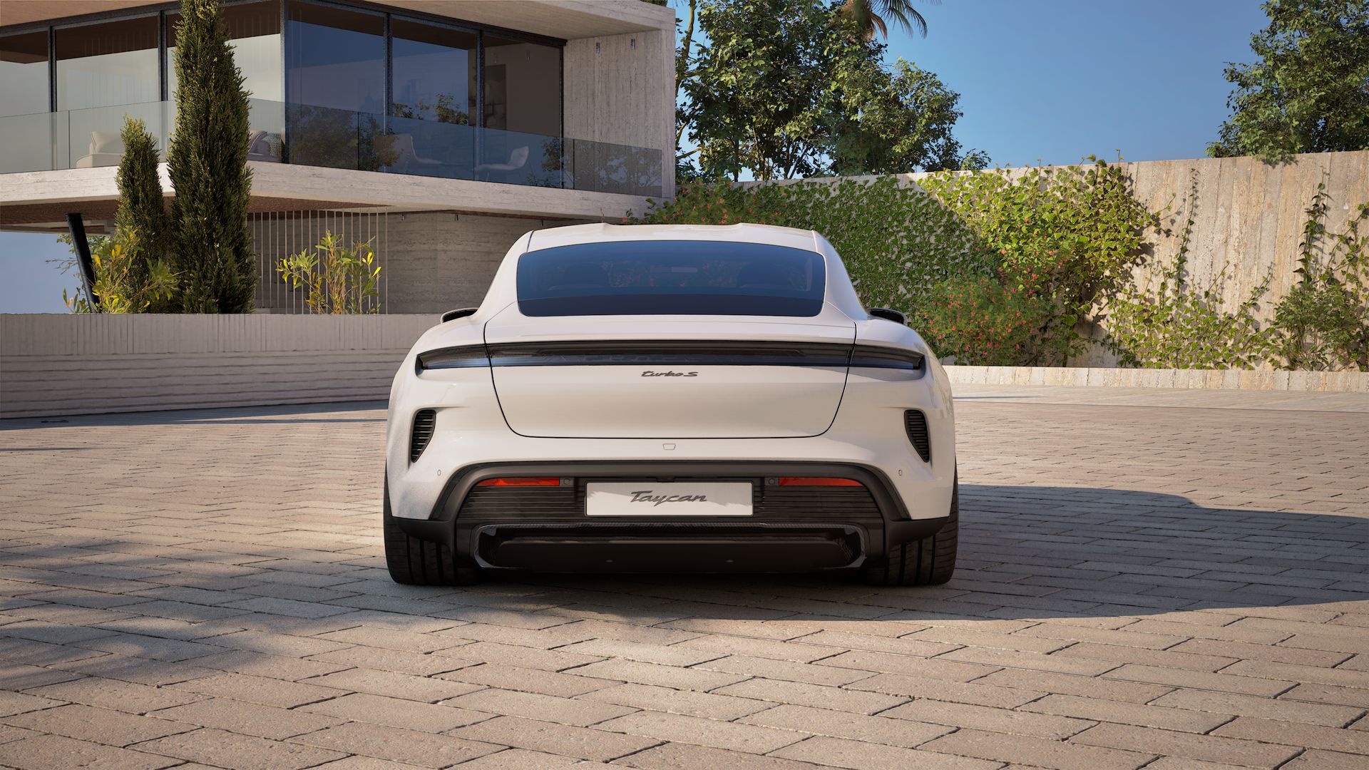 Exterior view of Taycan Turbo S showing the rear of the car