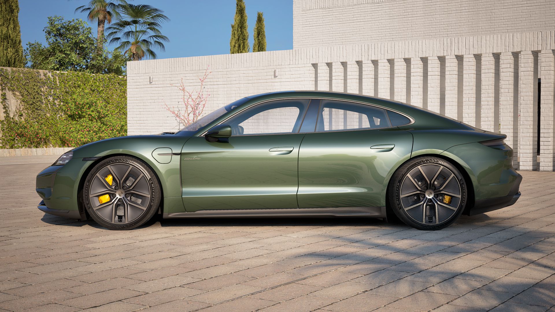 Exterior view of Taycan Turbo S showing the left side of the car