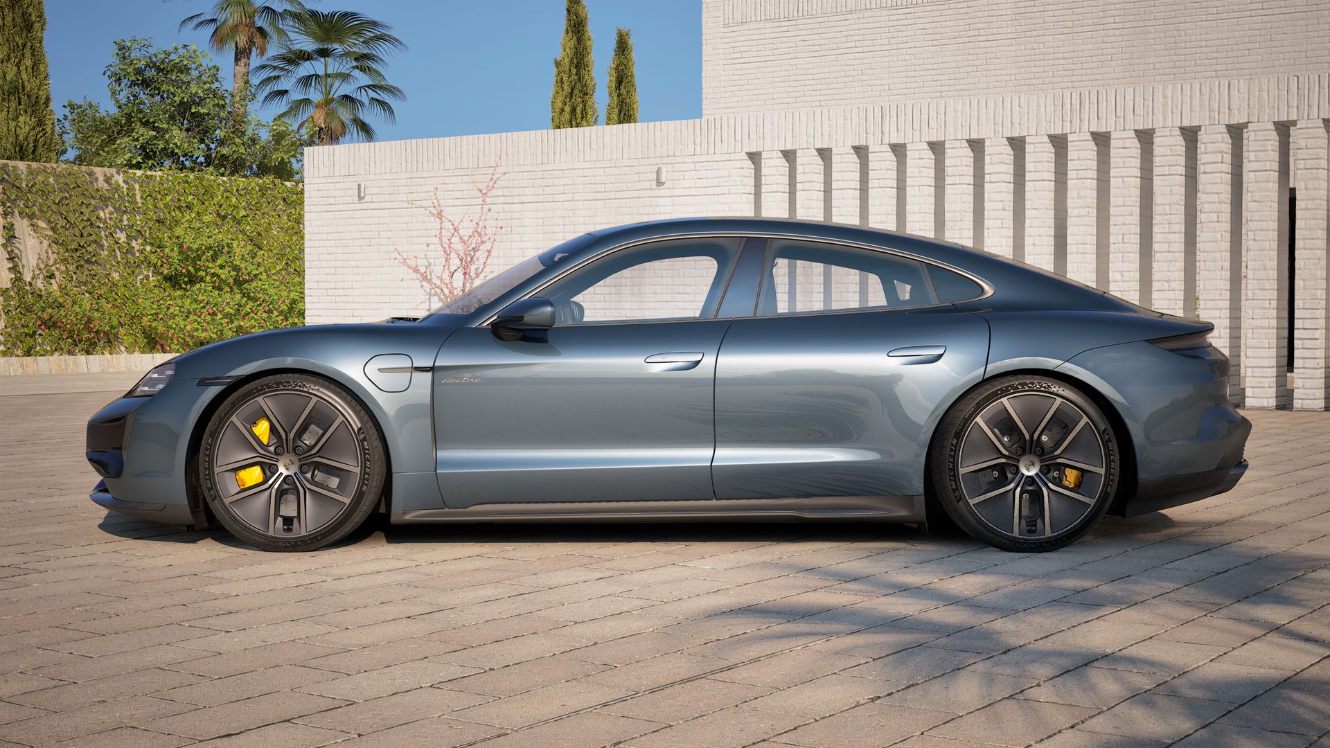 Exterior view of Taycan Turbo S showing the left side of the car