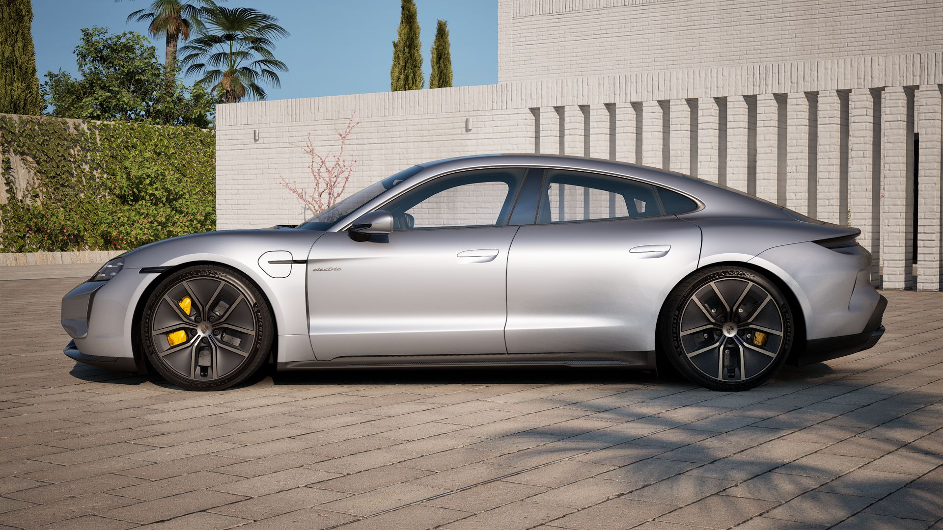 Exterior view of Taycan Turbo S showing the left side of the car