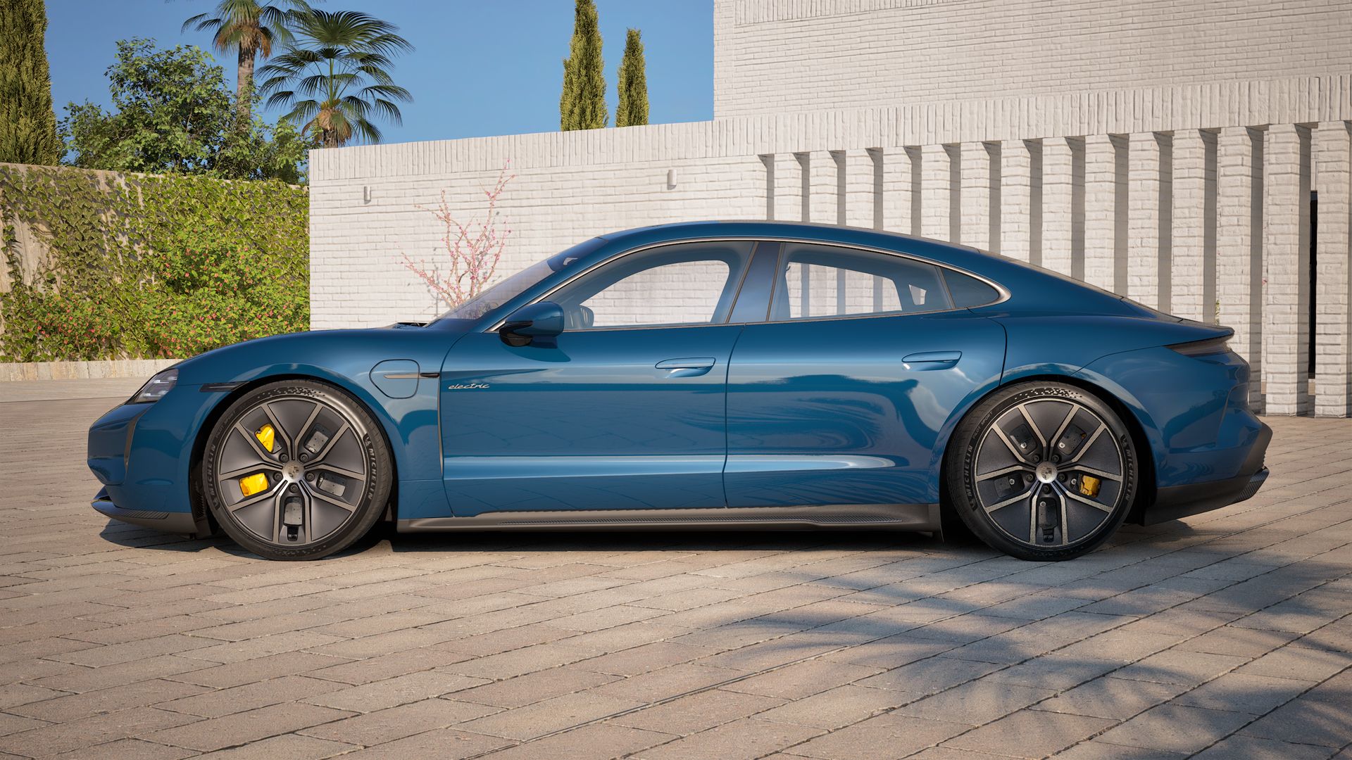Exterior view of Taycan Turbo S showing the left side of the car