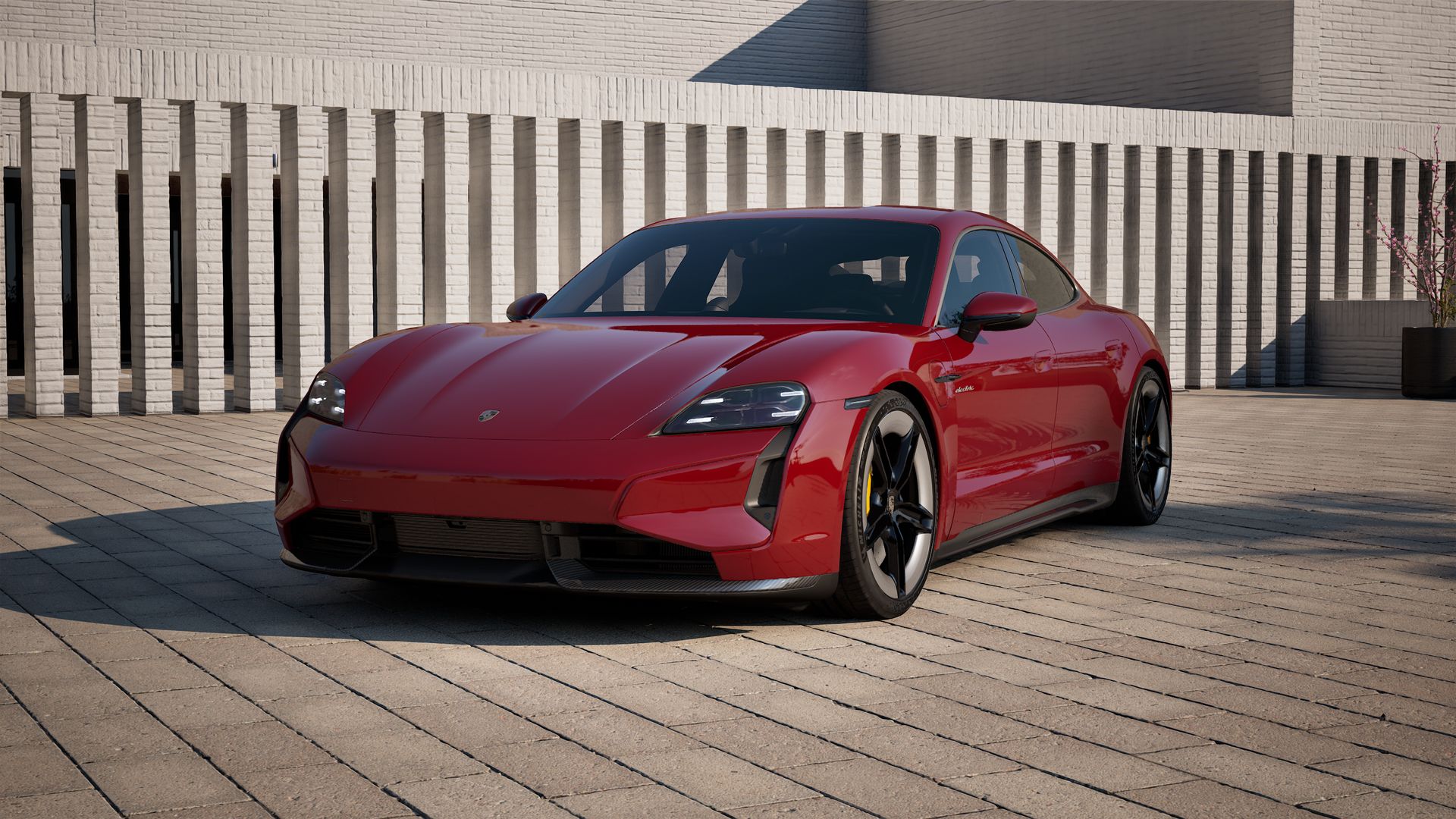 Exterior view of Taycan Turbo S showing the front and left side of the car