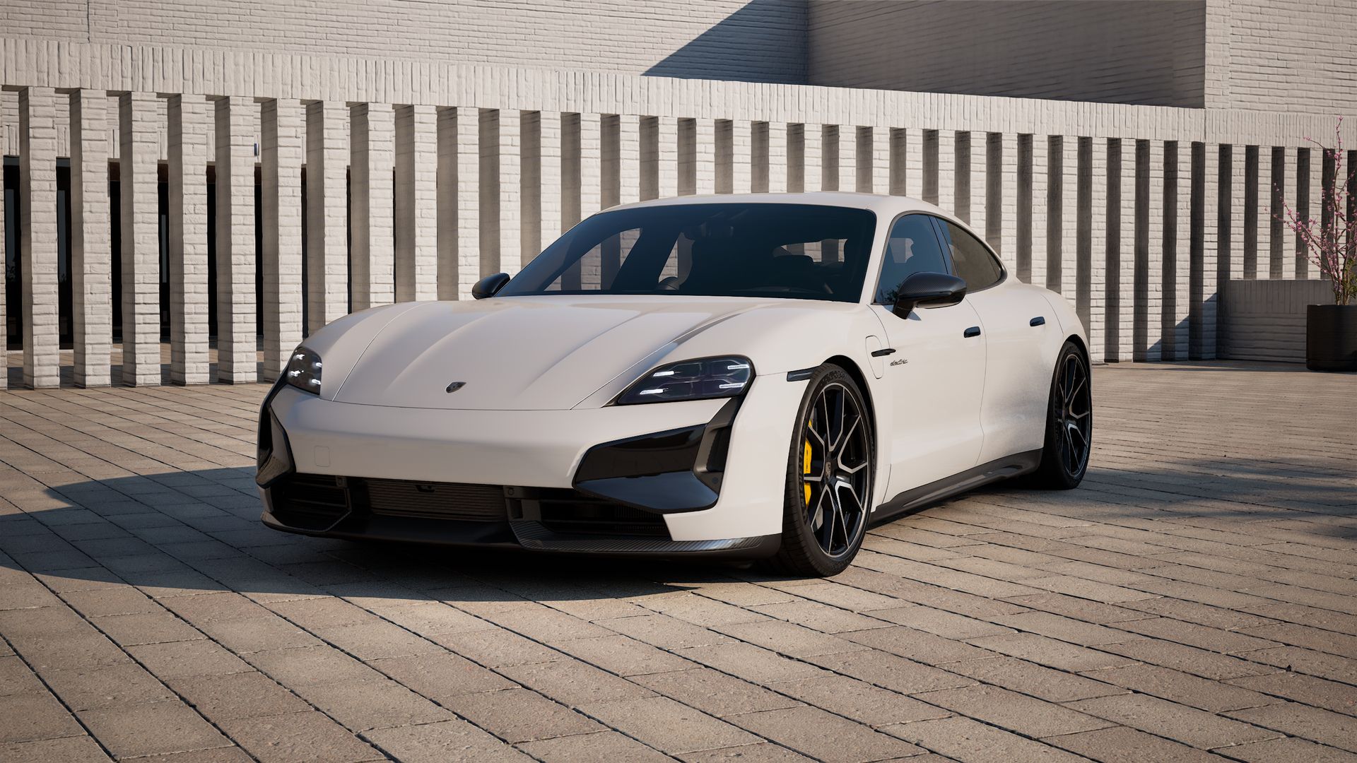 Exterior view of Taycan Turbo S showing the front and left side of the car