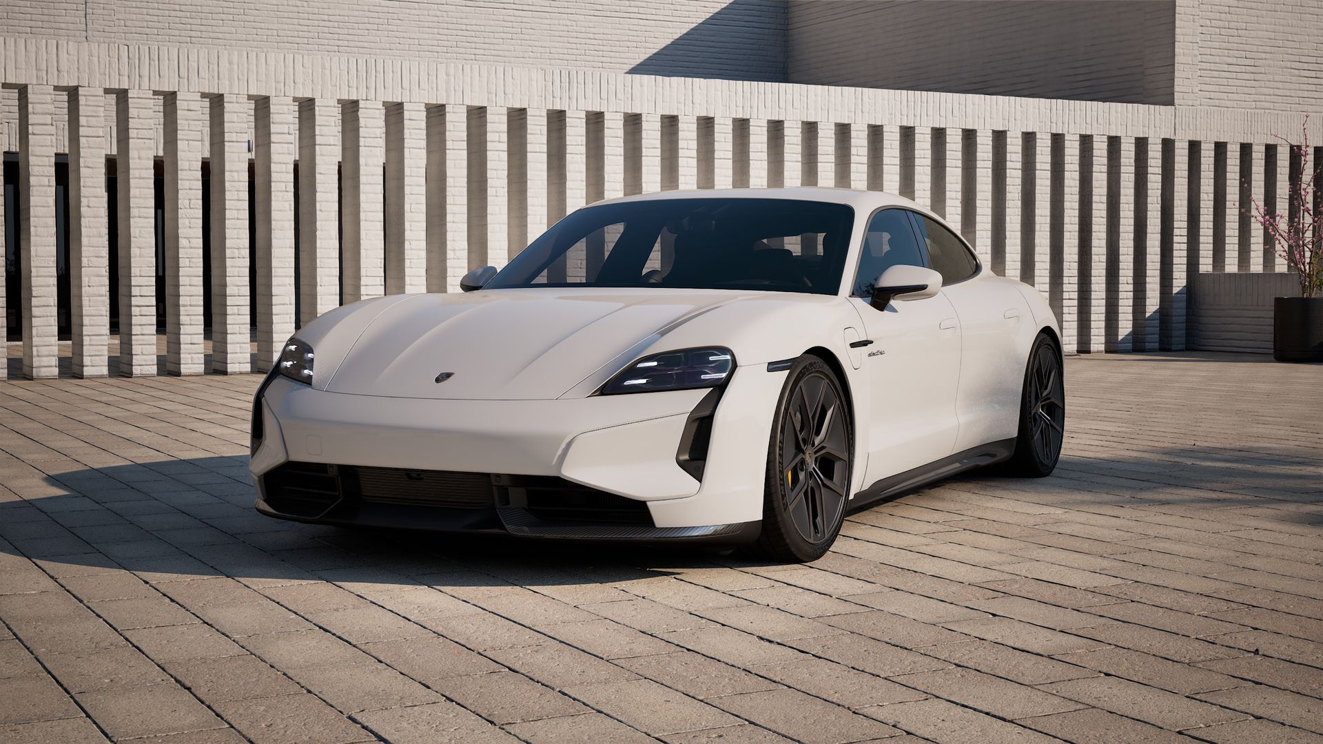 Exterior view of Taycan Turbo S showing the front and left side of the car