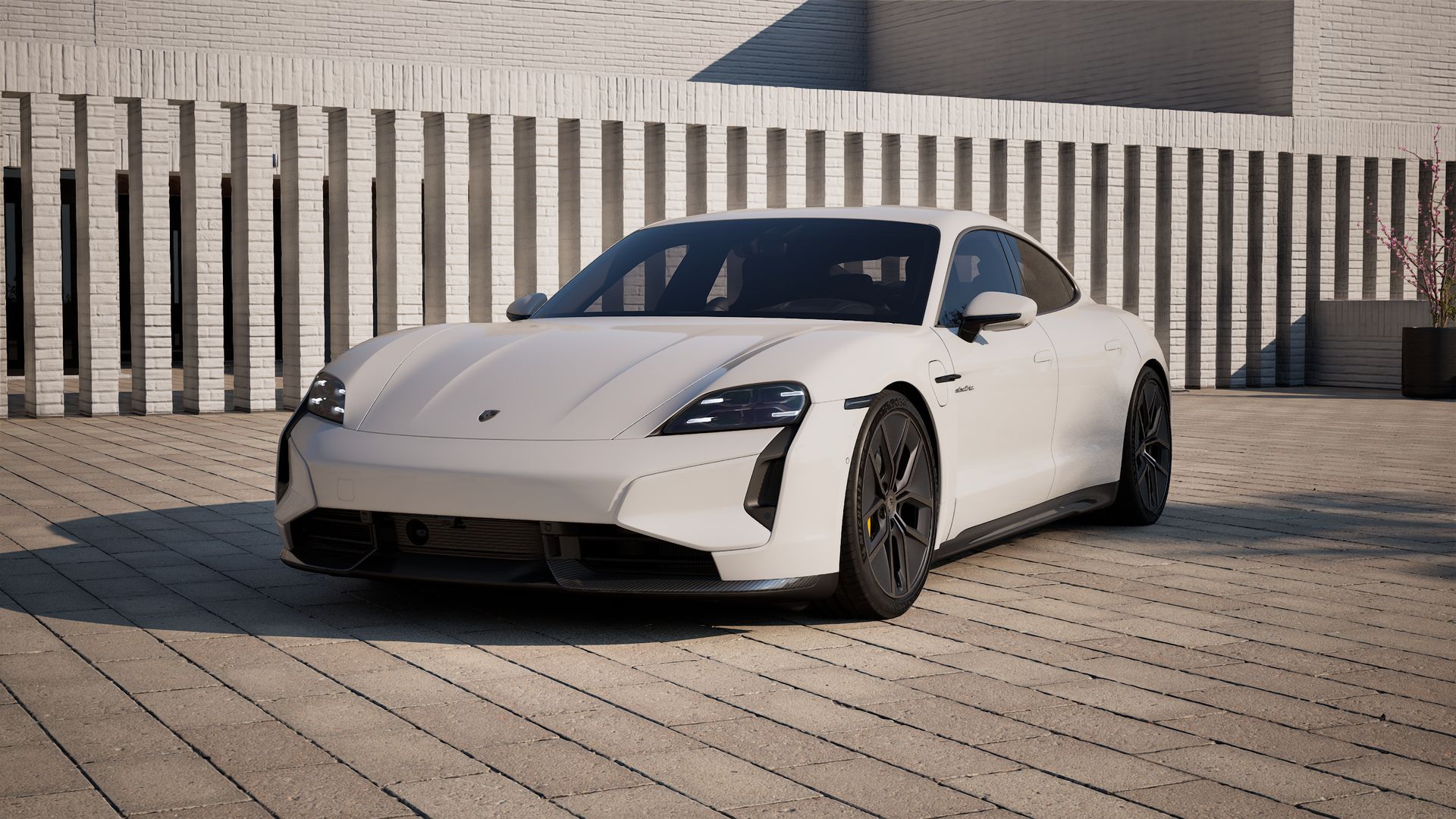 Exterior view of Taycan Turbo S showing the front and left side of the car