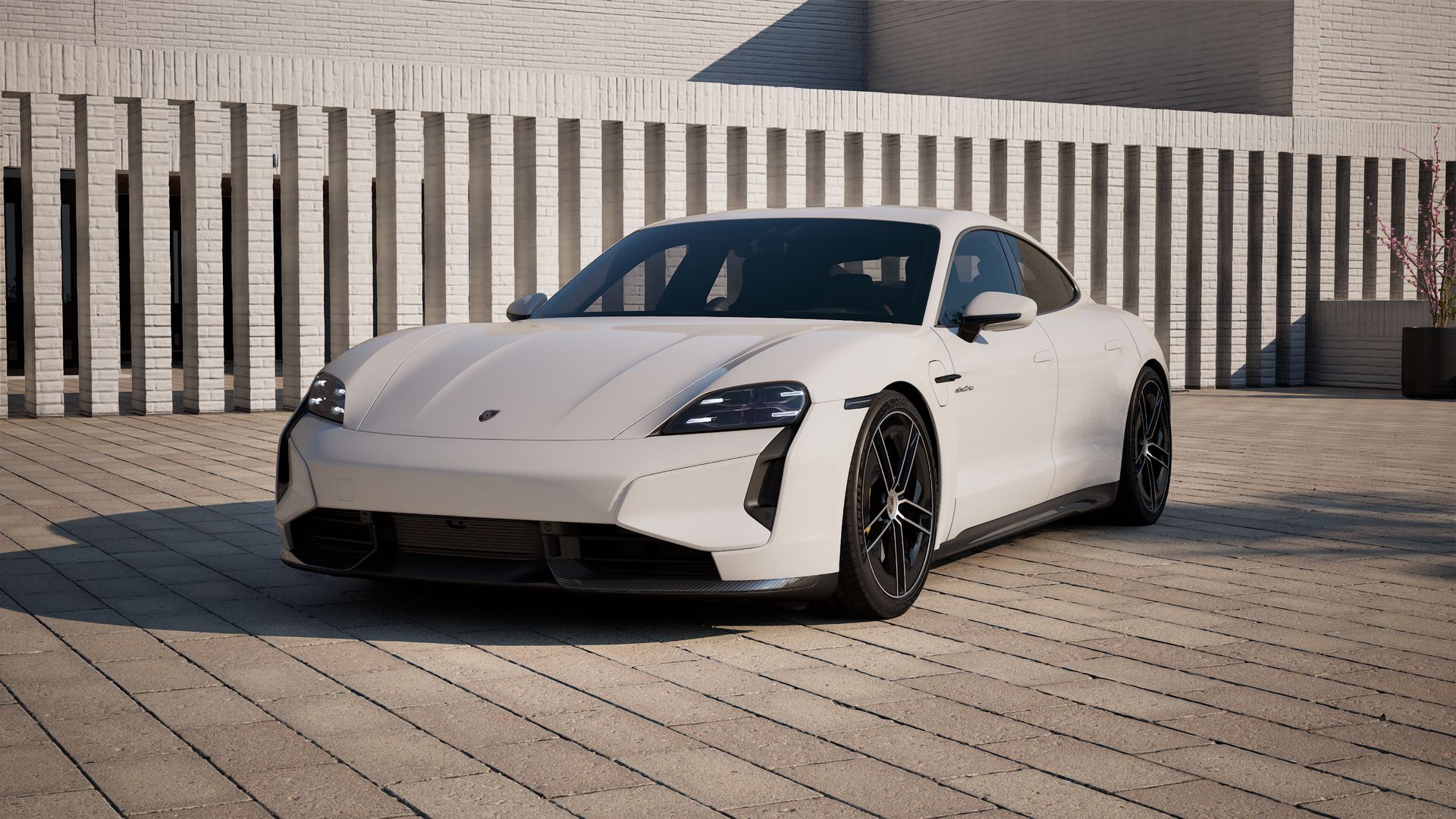 Exterior view of Taycan Turbo S showing the front and left side of the car