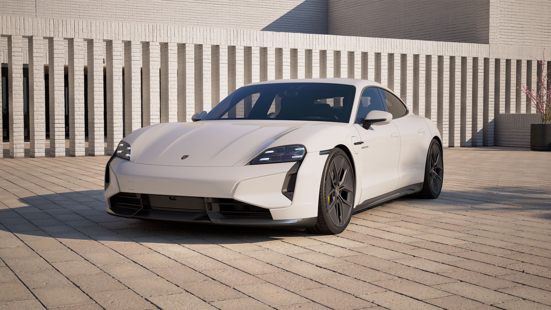 Exterior view of Taycan Turbo S showing the front and left side of the car