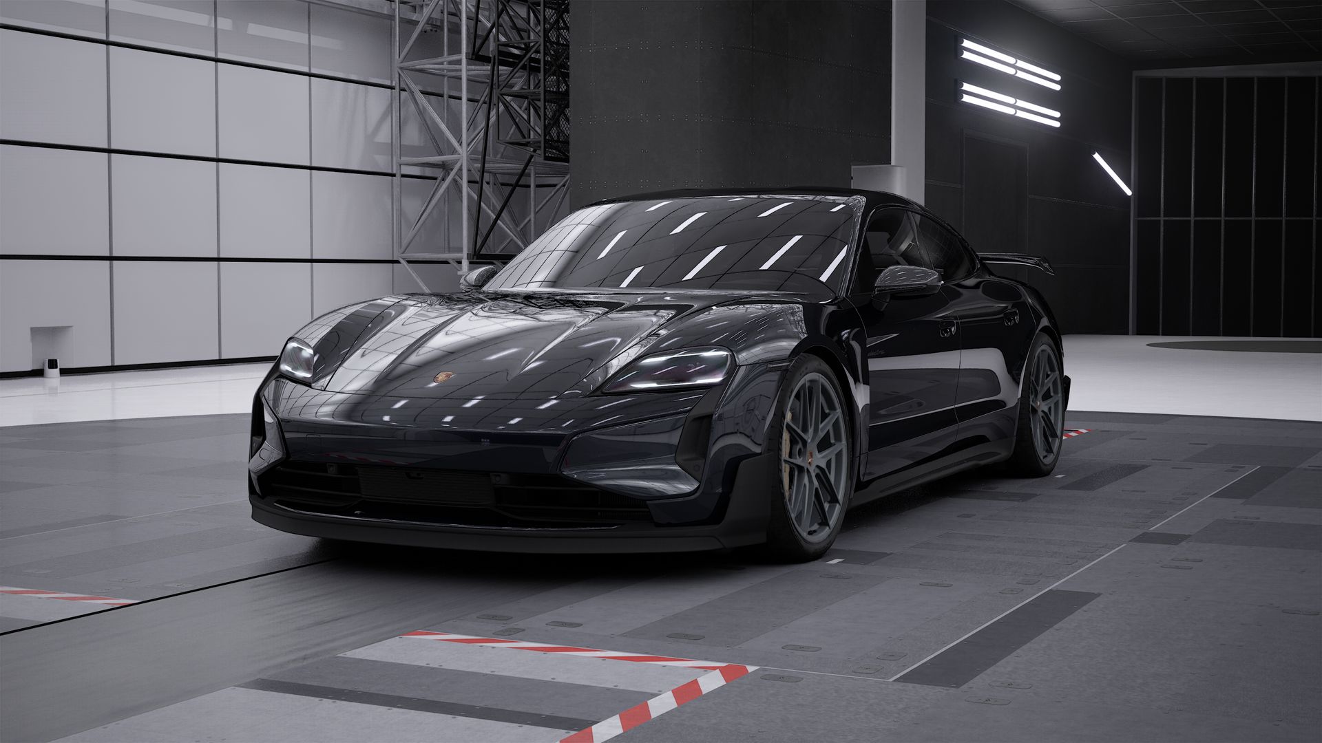 Exterior view of Taycan Turbo GT with Weissach Package showing the front and left side of the car