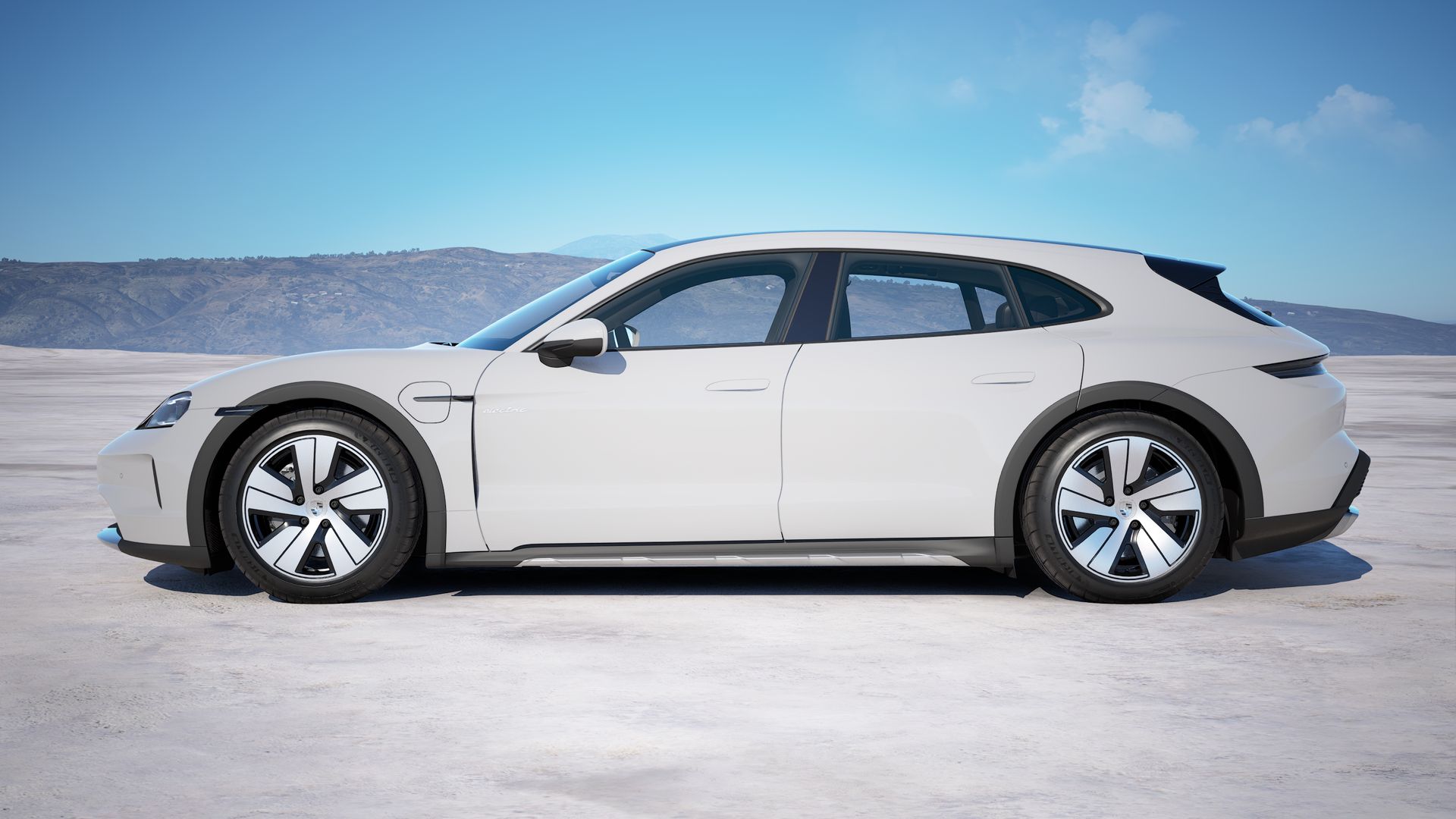 Exterior view of Taycan 4 Cross Turismo showing the left side of the car